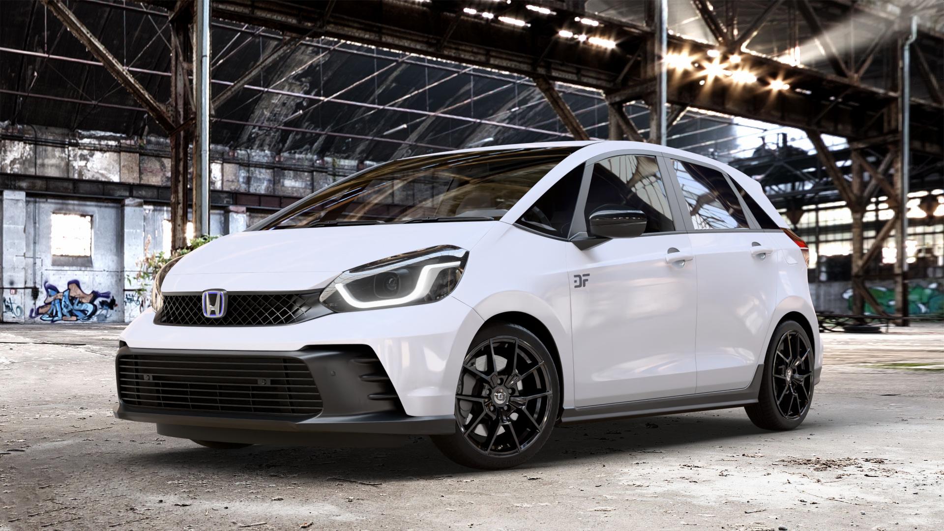 DIEWE WHEELS NEVE Black glossy Felge mit Reifen schwarz in 17Zoll Winterfelge Alufelge auf weissem Honda Jazz V (GR) Facelift 1,5l e:HEV 79kW Mild-Hybrid (107 PS) ⬇️ mit 15mm Tieferlegung ⬇️ Old Industrial Hall_max_4400mm_2024 Frontansicht_1