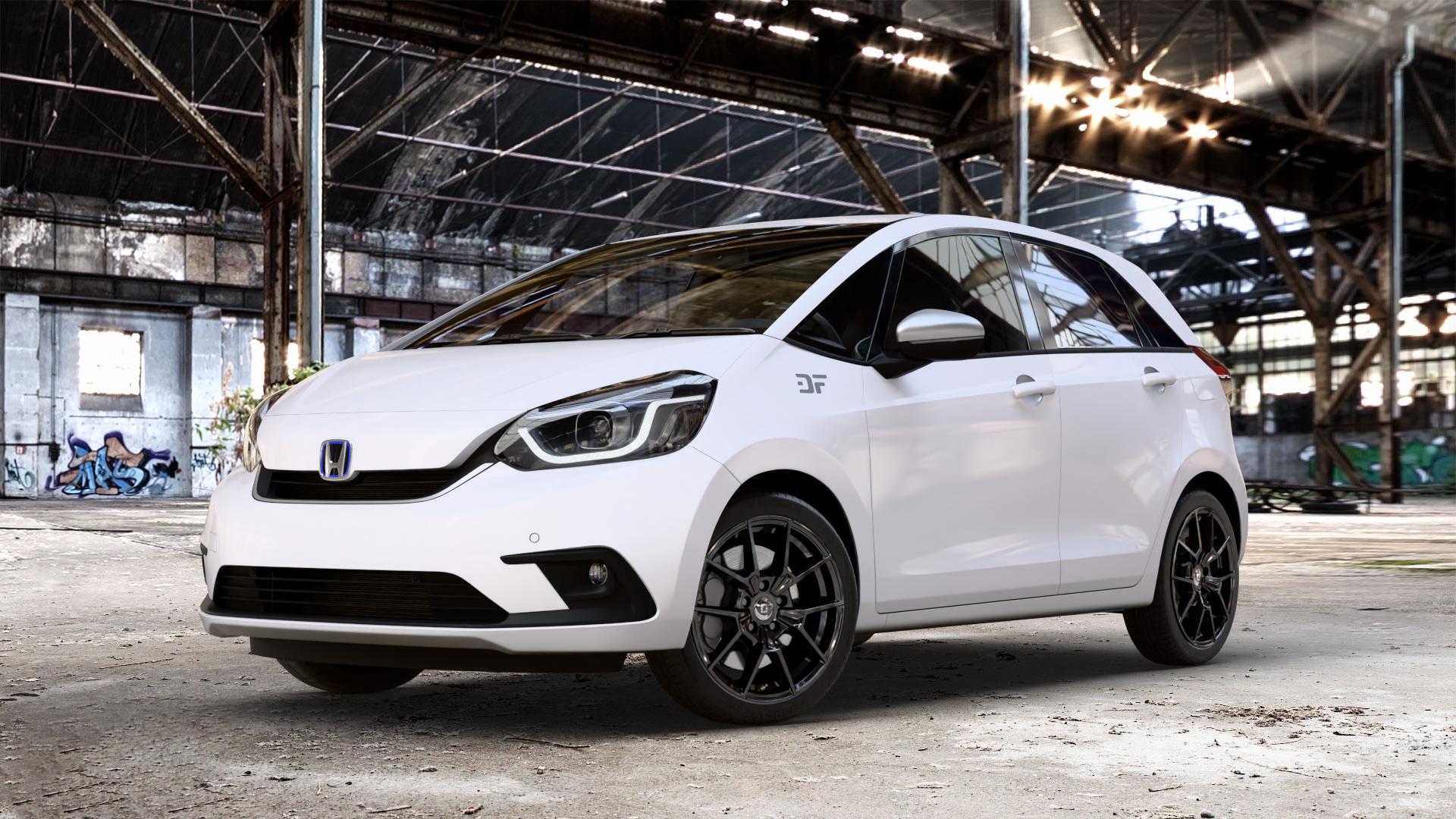 DIEWE WHEELS NEVE Black glossy Felge mit Reifen schwarz in 17Zoll Winterfelge Alufelge auf weissem Honda Jazz V (GR) ⬇️ mit 15mm Tieferlegung ⬇️ Old Industrial Hall_max_4400mm_2024 Frontansicht_1