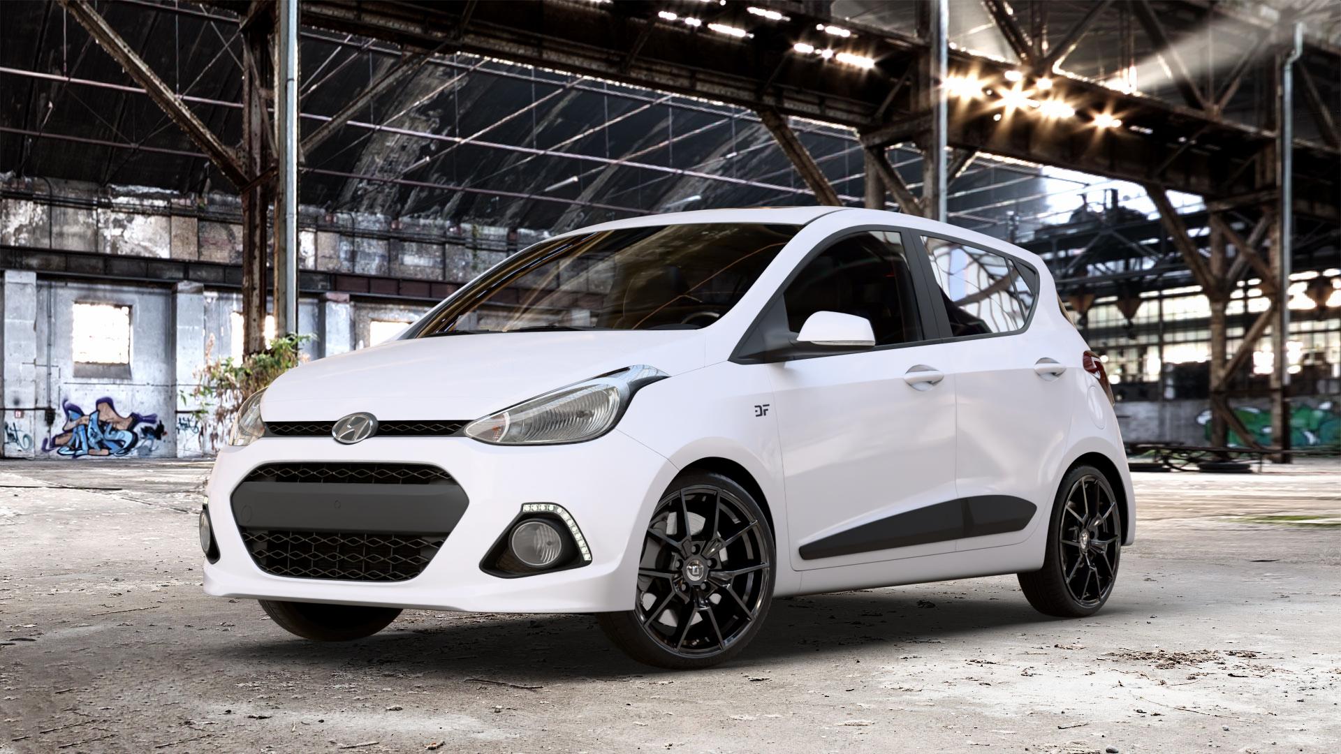 DIEWE WHEELS NEVE Black glossy Felge mit Reifen schwarz in 17Zoll Winterfelge Alufelge auf weissem Hyundai i10 Typ IA ⬇️ mit 15mm Tieferlegung ⬇️ Old Industrial Hall_max_4400mm_2024 Frontansicht_1