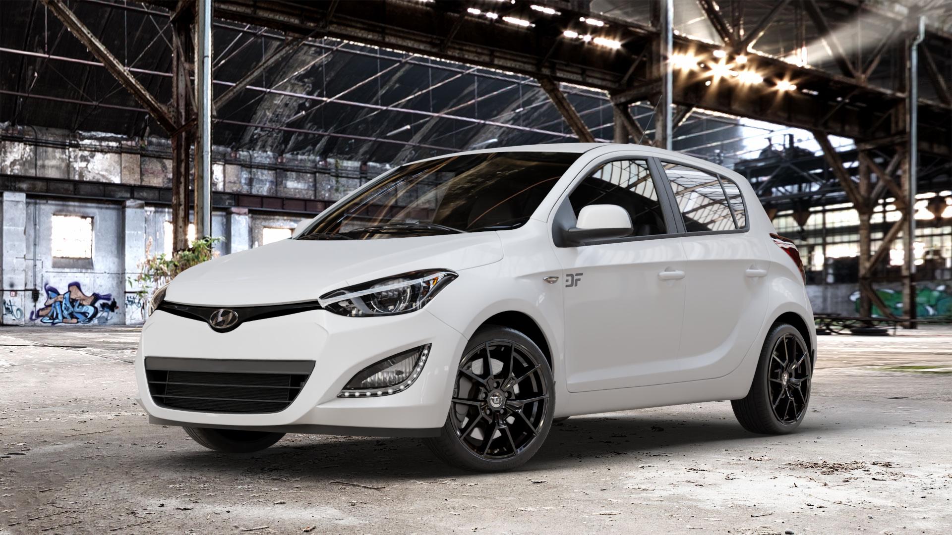 DIEWE WHEELS NEVE Black glossy Felge mit Reifen schwarz in 17Zoll Winterfelge Alufelge auf weissem Hyundai i20 Typ PB, PBT Facelift (12->) ⬇️ mit 15mm Tieferlegung ⬇️ Old Industrial Hall_max_4400mm_2024 Frontansicht_1