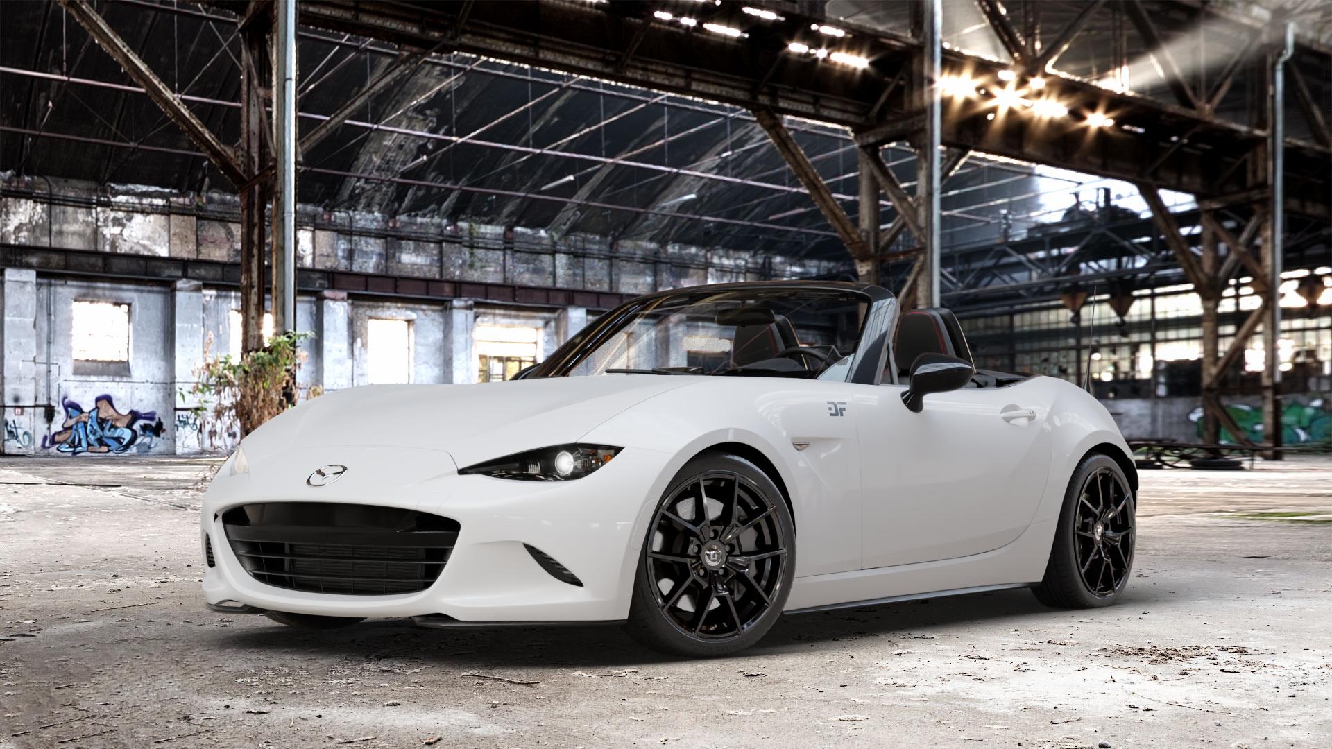 DIEWE WHEELS NEVE Black glossy Felge mit Reifen schwarz in 17Zoll Winterfelge Alufelge auf weissem Mazda MX-5 IV (ND) ⬇️ mit 15mm Tieferlegung ⬇️ Old Industrial Hall_max_4400mm_2024 Frontansicht_1