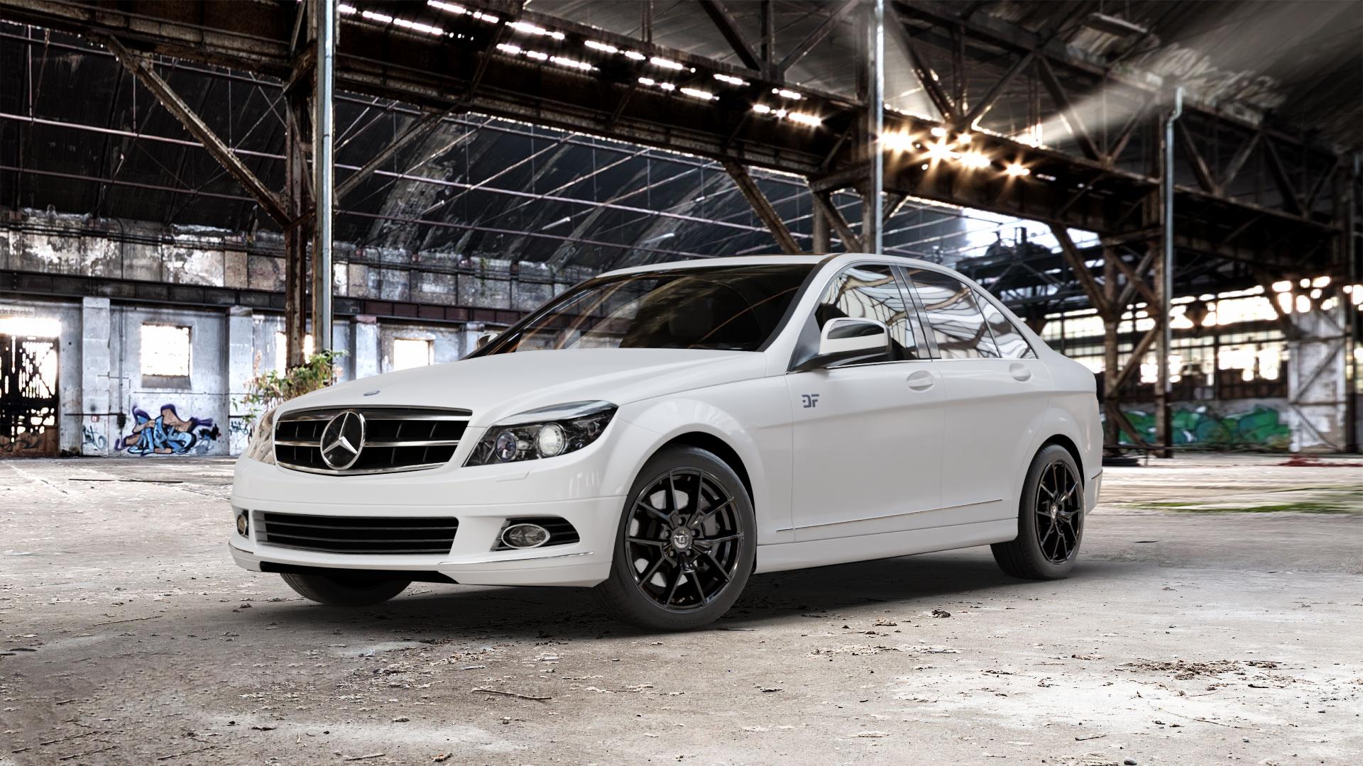 DIEWE WHEELS NEVE Black glossy Felge mit Reifen schwarz in 17Zoll Winterfelge Alufelge auf weissem Mercedes C-Klasse Typ W204 Limousine ⬇️ mit 15mm Tieferlegung ⬇️ Old Industrial Hall_max_5300mm_2024 Frontansicht_1