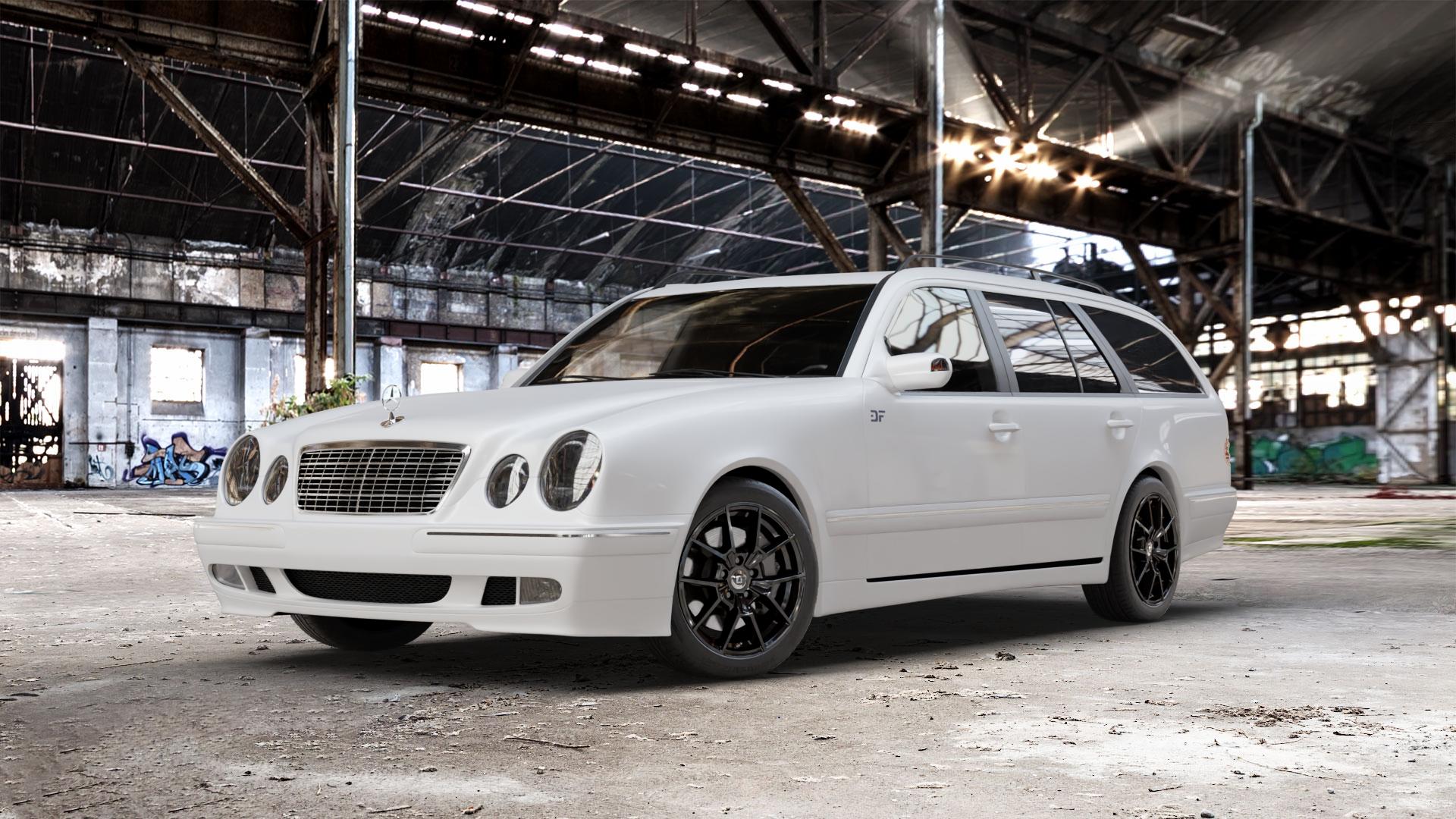 DIEWE WHEELS NEVE Black glossy Felge mit Reifen schwarz in 17Zoll Winterfelge Alufelge auf weissem Mercedes E-Klasse Typ S210 Kombi ⬇️ mit 15mm Tieferlegung ⬇️ Old Industrial Hall_max_5300mm_2024 Frontansicht_1