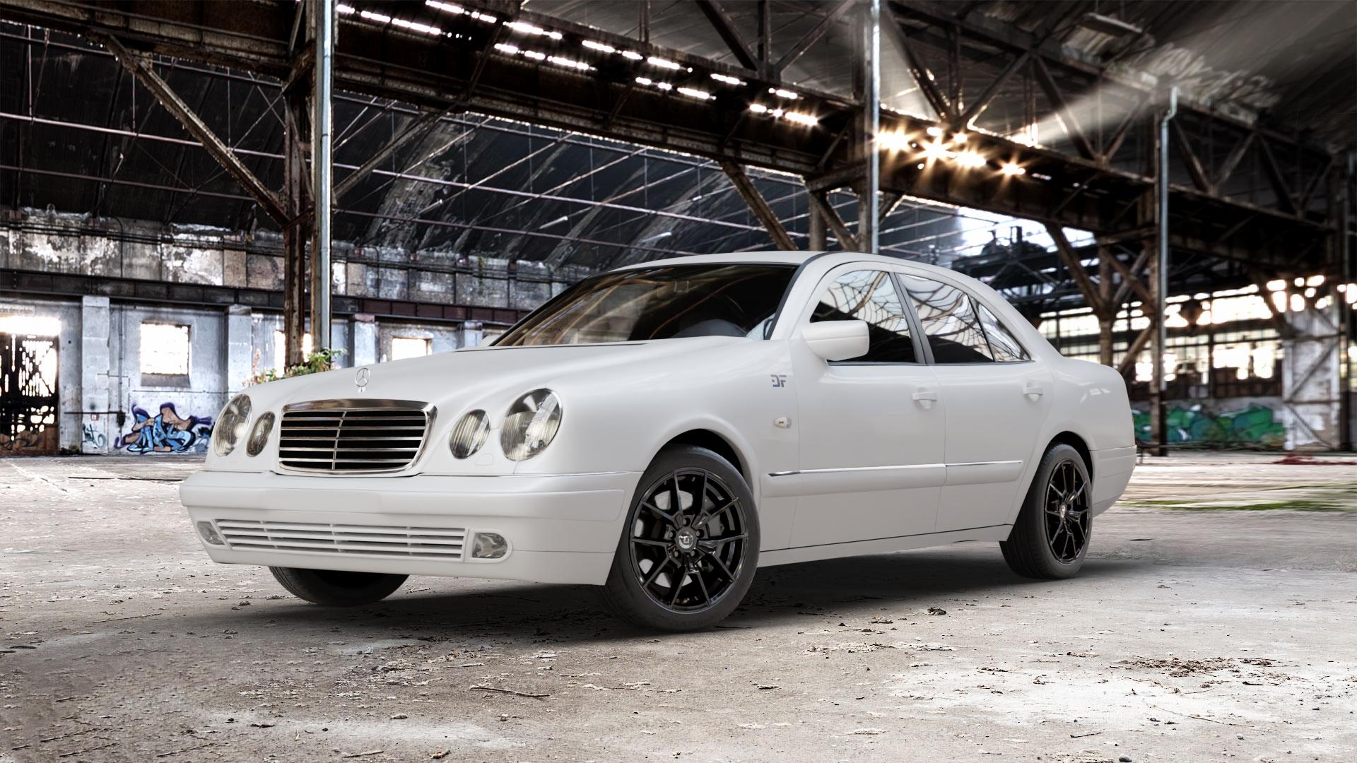 DIEWE WHEELS NEVE Black glossy Felge mit Reifen schwarz in 17Zoll Winterfelge Alufelge auf weissem Mercedes E-Klasse Typ W210 Limousine ⬇️ mit 15mm Tieferlegung ⬇️ Old Industrial Hall_max_5300mm_2024 Frontansicht_1