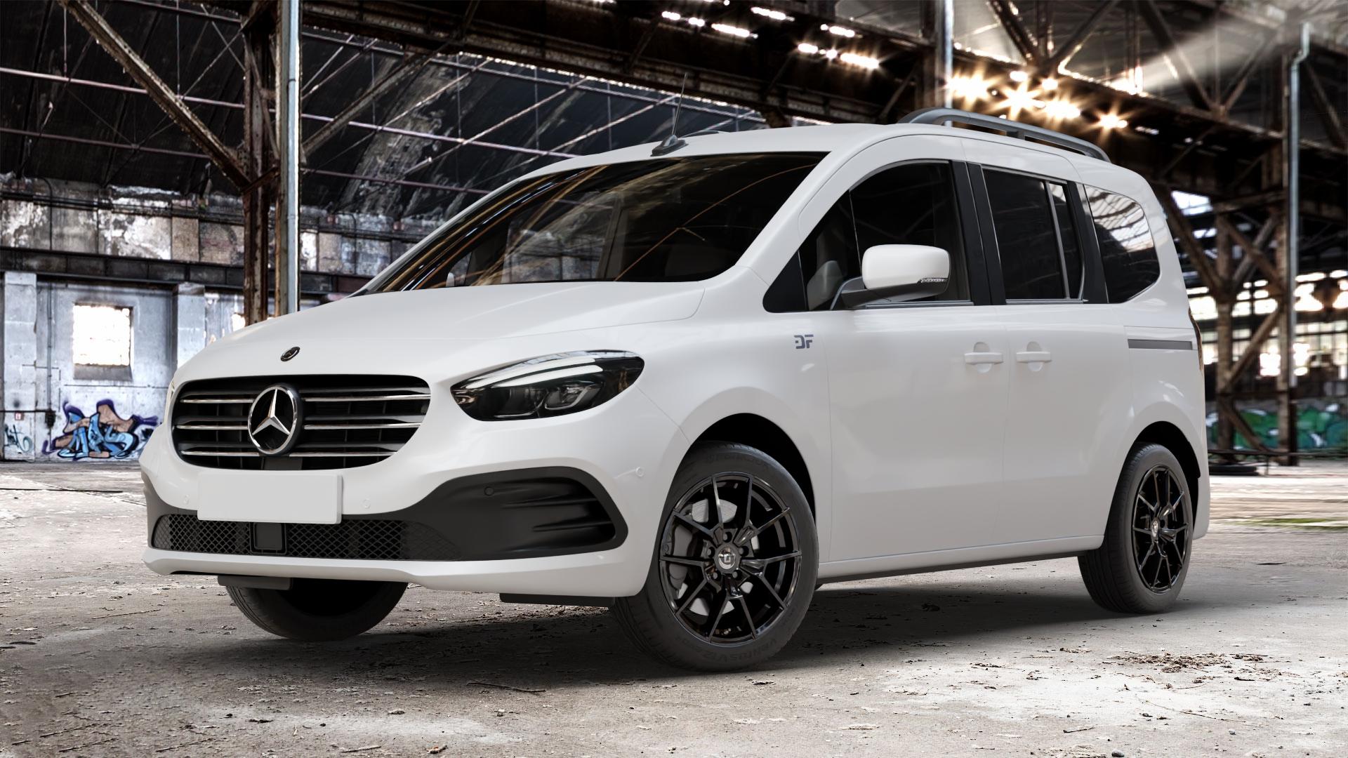 DIEWE WHEELS NEVE Black glossy Felge mit Reifen schwarz in 17Zoll Winterfelge Alufelge auf weissem Mercedes T-Klasse Typ MFK ⬇️ mit 15mm Tieferlegung ⬇️ Old Industrial Hall_max_4400mm_2024 Frontansicht_1