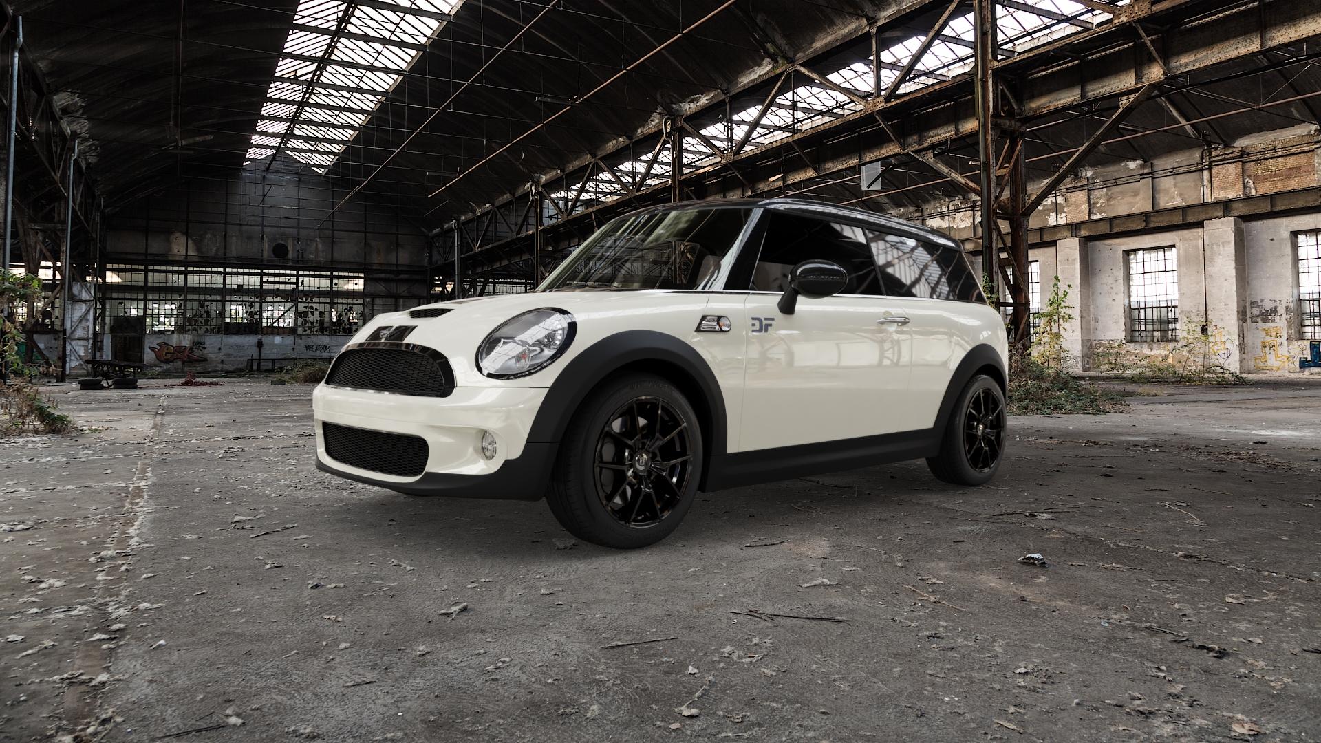 DIEWE WHEELS NEVE Black glossy Felge mit Reifen schwarz in 17Zoll Winterfelge Alufelge auf weissem Mini R55 Typ UKL-K (Clubman) MINI-N ⬇️ mit 15mm Tieferlegung ⬇️ Old Industrial Hall_max5000mm_2022 Frontansicht_1