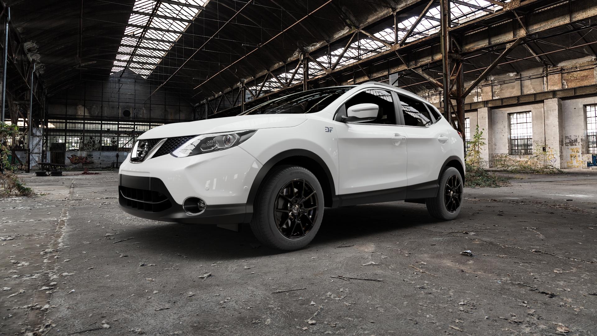 DIEWE WHEELS NEVE Black glossy Felge mit Reifen schwarz in 17Zoll Winterfelge Alufelge auf weissem Nissan Qashqai Typ J11 Facelift ⬇️ mit 15mm Tieferlegung ⬇️ Old Industrial Hall_max5000mm_2022 Frontansicht_1