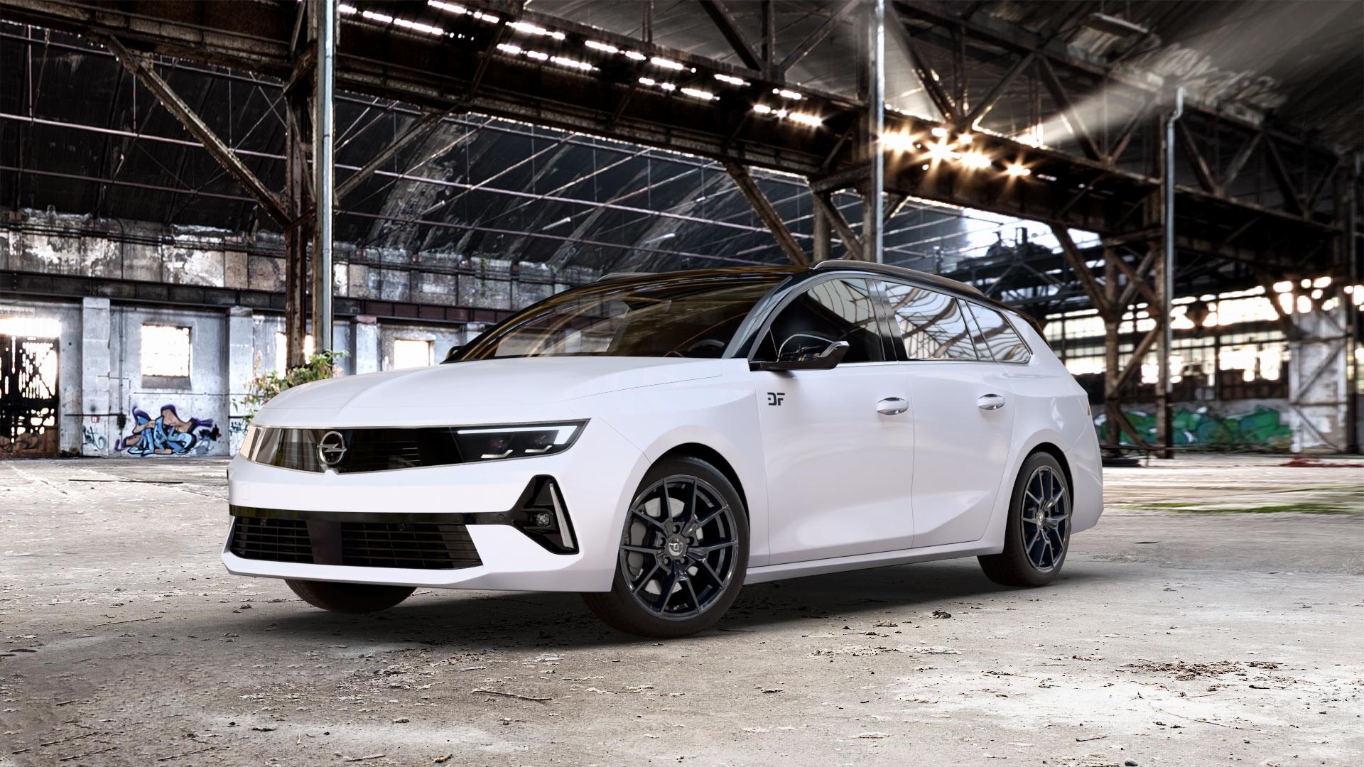DIEWE WHEELS NEVE Black glossy Felge mit Reifen schwarz in 17Zoll Winterfelge Alufelge auf weissem Opel Astra L Sports Tourer Typ F Facelift ⬇️ mit 15mm Tieferlegung ⬇️ Old Industrial Hall_max_5300mm_2024 Frontansicht_1