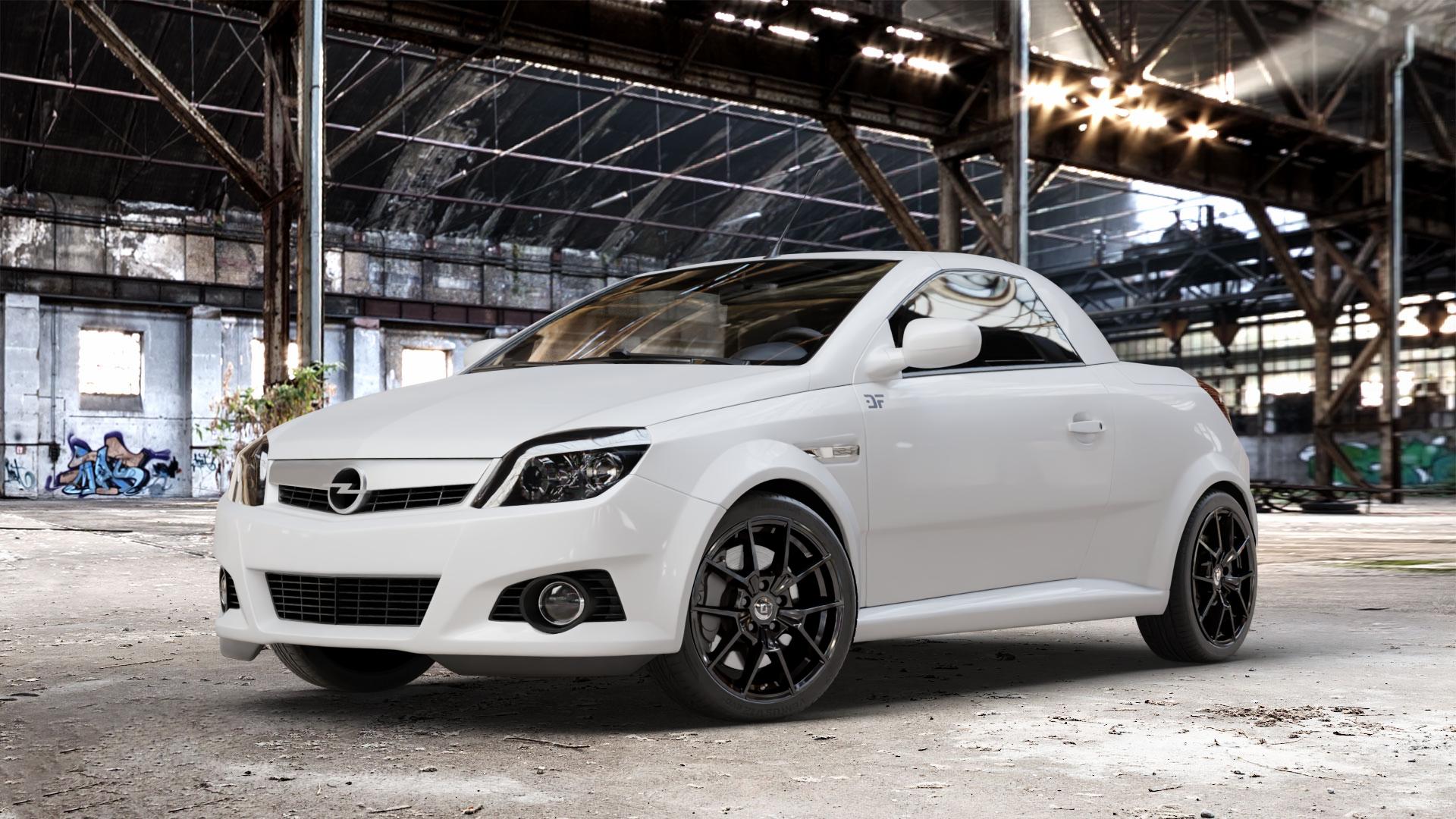 DIEWE WHEELS NEVE Black glossy Felge mit Reifen schwarz in 17Zoll Winterfelge Alufelge auf weissem Opel Tigra B TwinTop ⬇️ mit 15mm Tieferlegung ⬇️ Old Industrial Hall_max_4400mm_2024 Frontansicht_1