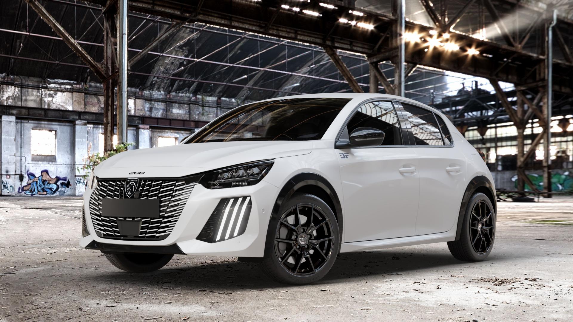 DIEWE WHEELS NEVE Black glossy Felge mit Reifen schwarz in 17Zoll Winterfelge Alufelge auf weissem Peugeot 208 Typ U Facelift 1,2l PureTech 55kW (75 PS) 74kW (101 Mild-Hybrid 96kW (131 100kW (136 1,5l HDi 75kW (102 ⬇️ mit 15mm Tieferlegung ⬇️ Old Industrial Hall_max_4400mm_2024 Frontansicht_1