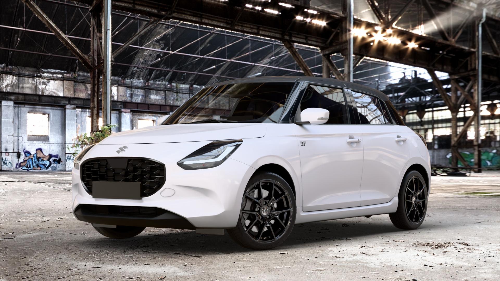 DIEWE WHEELS NEVE Black glossy Felge mit Reifen schwarz in 17Zoll Winterfelge Alufelge auf weissem Suzuki Swift VII Typ UZ 1,2l 61kW Mild-Hybrid (83 PS) AWD ⬇️ mit 15mm Tieferlegung ⬇️ Old Industrial Hall_max_4400mm_2024 Frontansicht_1