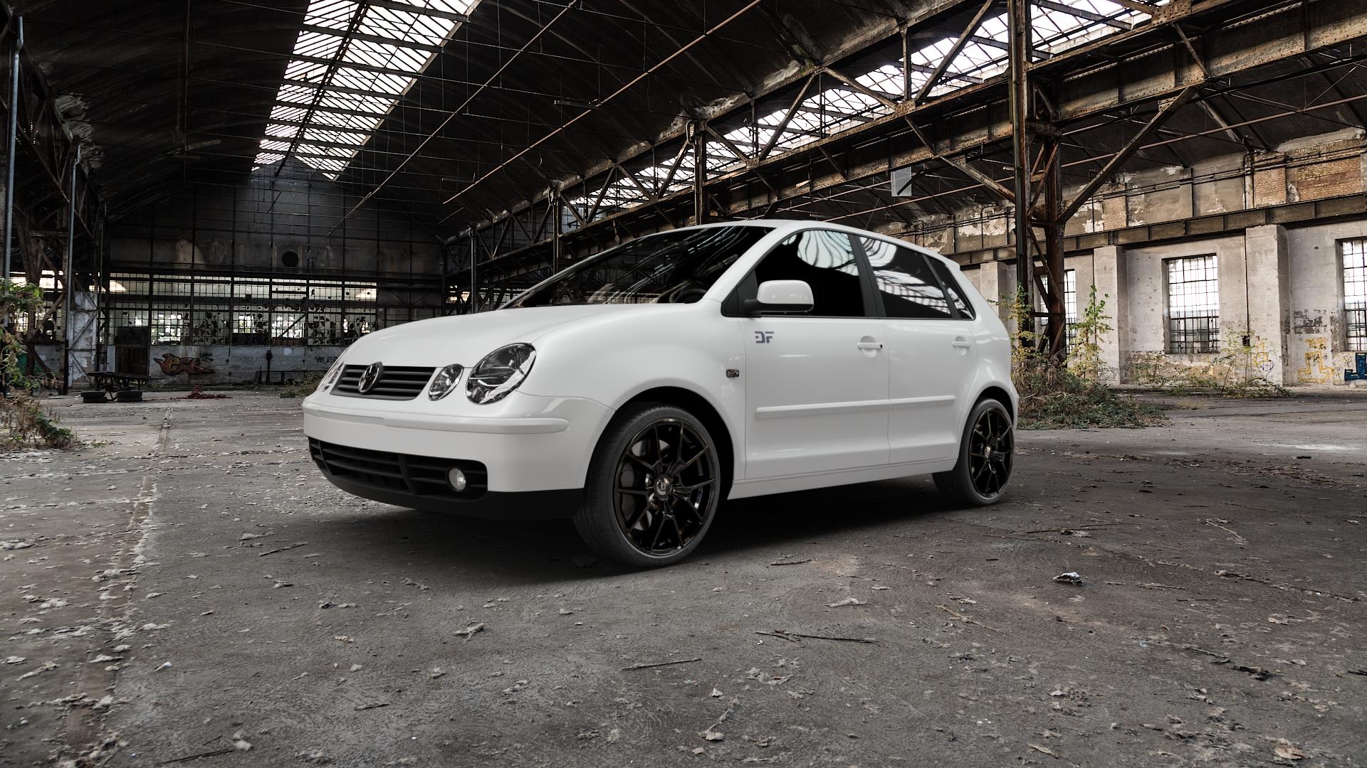 DIEWE WHEELS NEVE Black glossy Felge mit Reifen schwarz in 17Zoll Winterfelge Alufelge auf weissem Volkswagen (VW) Polo IV Typ 9N/9N3 Cross 9N Stufenheck Fun ⬇️ mit 15mm Tieferlegung ⬇️ Old Industrial Hall_max5000mm_2022 Frontansicht_1