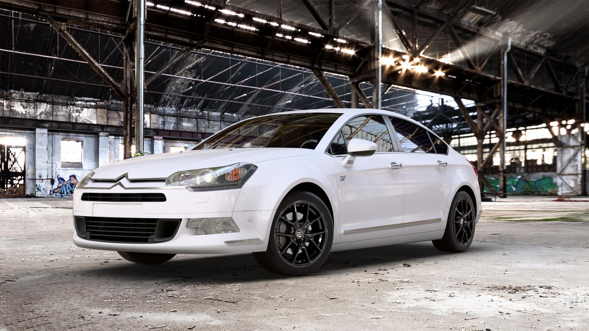 DIEWE WHEELS NEVE Black glossy Felge mit Reifen schwarz in 18Zoll Winterfelge Alufelge auf weissem Citroen C5 II ⬇️ mit 15mm Tieferlegung ⬇️ Old Industrial Hall_max_5300mm_2024 Frontansicht_1
