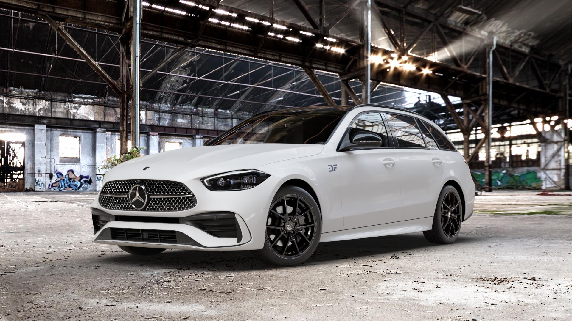 DIEWE WHEELS NEVE Black glossy Felge mit Reifen schwarz in 18Zoll Winterfelge Alufelge auf weissem Mercedes C-Klasse Typ S206 Kombi ⬇️ mit 15mm Tieferlegung ⬇️ Old Industrial Hall_max_5300mm_2024 Frontansicht_1