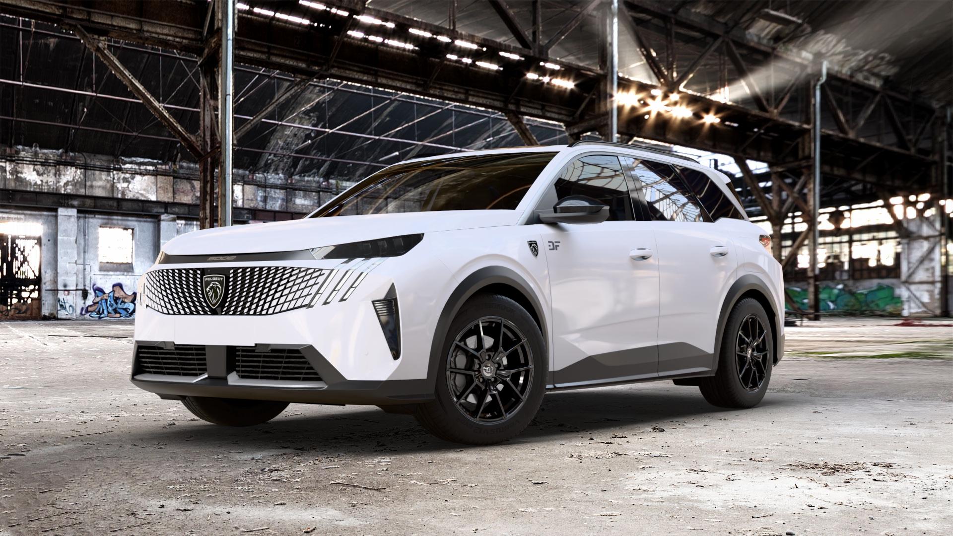 DIEWE WHEELS NEVE Black glossy Felge mit Reifen schwarz in 18Zoll Winterfelge Alufelge auf weissem Peugeot 5008 III Typ K ⬇️ mit 15mm Tieferlegung ⬇️ Old Industrial Hall_max_5300mm_2024 Frontansicht_1