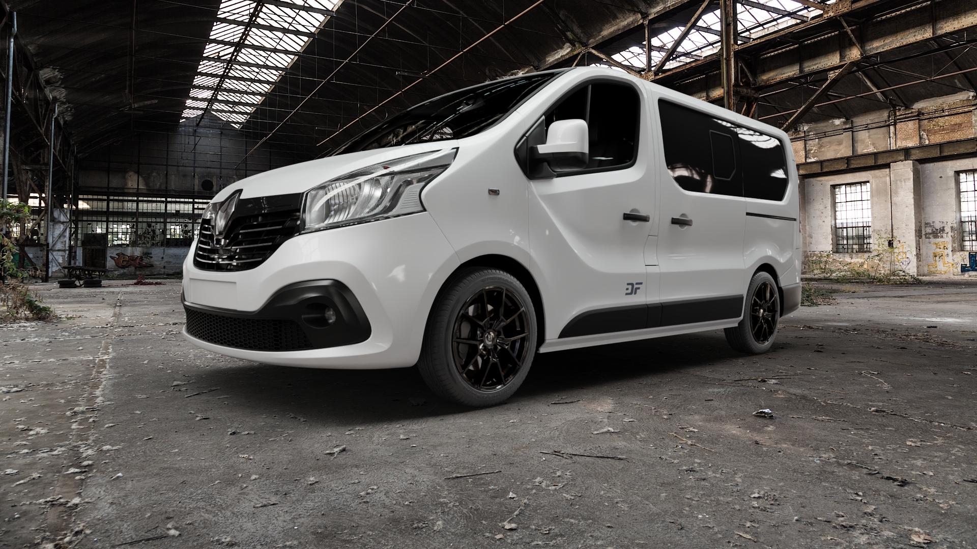 DIEWE WHEELS NEVE Black glossy Felge mit Reifen schwarz in 18Zoll Winterfelge Alufelge auf weissem Renault Trafic III Bus Typ JL ⬇️ mit 15mm Tieferlegung ⬇️ Old Industrial Hall_max5000mm_2022 Frontansicht_1
