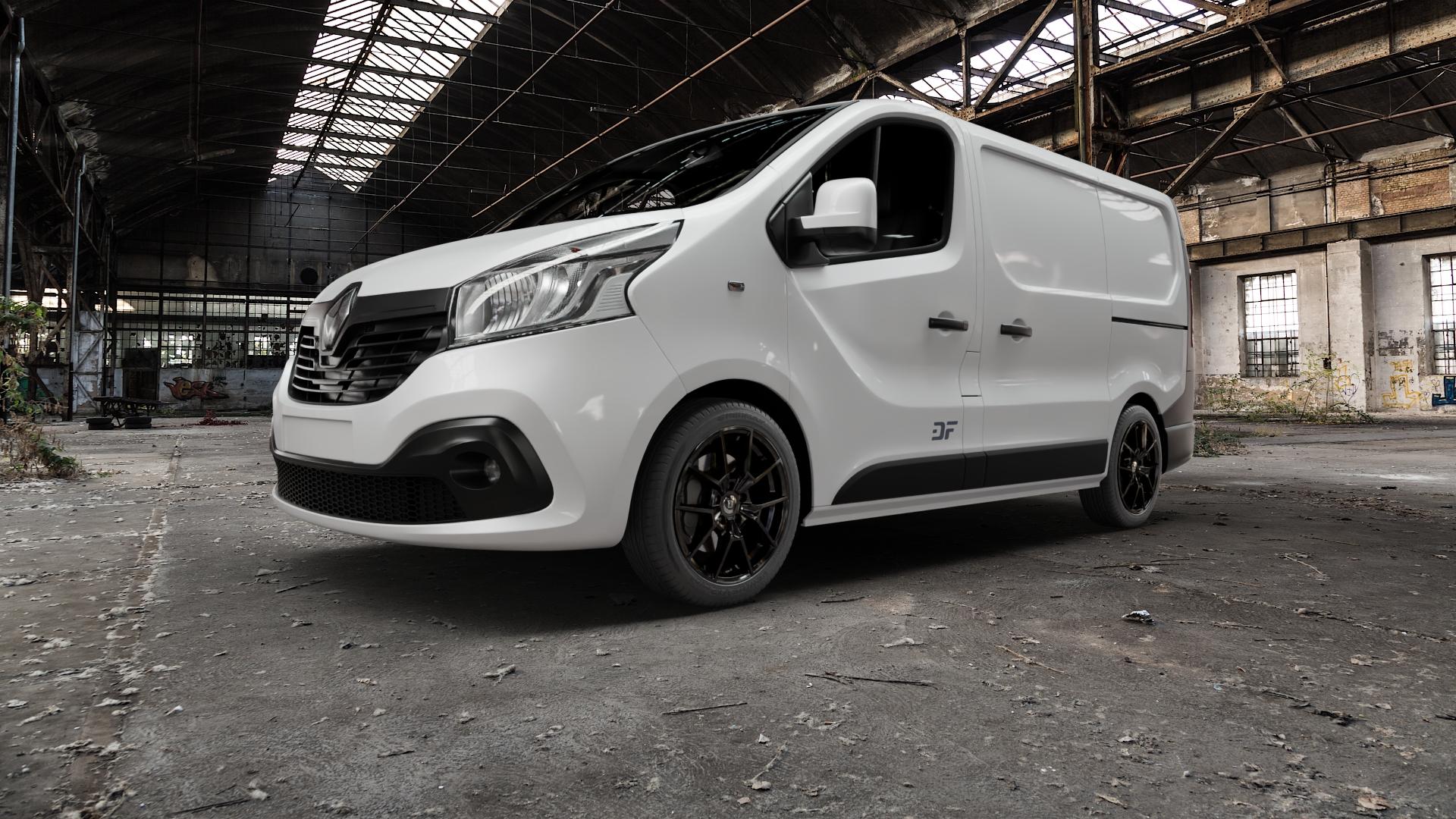 DIEWE WHEELS NEVE Black glossy Felge mit Reifen schwarz in 18Zoll Winterfelge Alufelge auf weissem Renault Trafic III Kasten Typ L ⬇️ mit 15mm Tieferlegung ⬇️ Old Industrial Hall_max5000mm_2022 Frontansicht_1