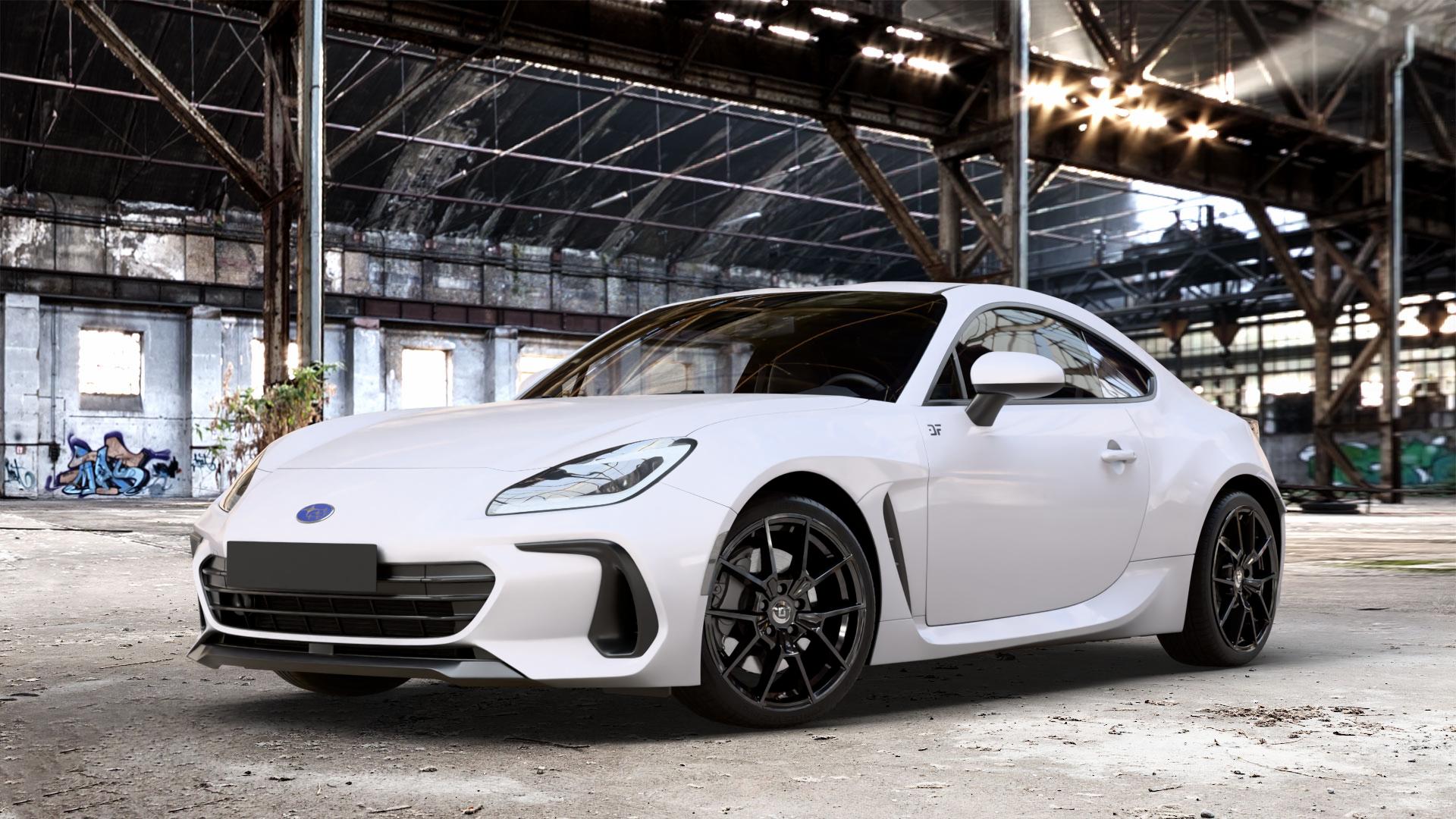 DIEWE WHEELS NEVE Black glossy Felge mit Reifen schwarz in 18Zoll Winterfelge Alufelge auf weissem Subaru BRZ Typ Z2 2,4l 172kW (234 PS) ⬇️ mit 15mm Tieferlegung ⬇️ Old Industrial Hall_max_4400mm_2024 Frontansicht_1