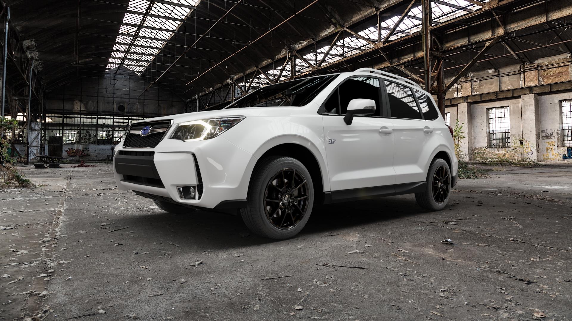 DIEWE WHEELS NEVE Black glossy Felge mit Reifen schwarz in 18Zoll Winterfelge Alufelge auf weissem Subaru Forester IV Typ SJ ⬇️ mit 15mm Tieferlegung ⬇️ Old Industrial Hall_max5000mm_2022 Frontansicht_1