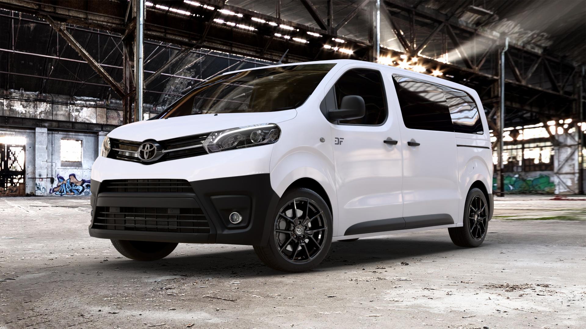 DIEWE WHEELS NEVE Black glossy Felge mit Reifen schwarz in 18Zoll Winterfelge Alufelge auf weissem Toyota Proace II Verso Typ V ⬇️ mit 15mm Tieferlegung ⬇️ Old Industrial Hall_max_5300mm_2024 Frontansicht_1