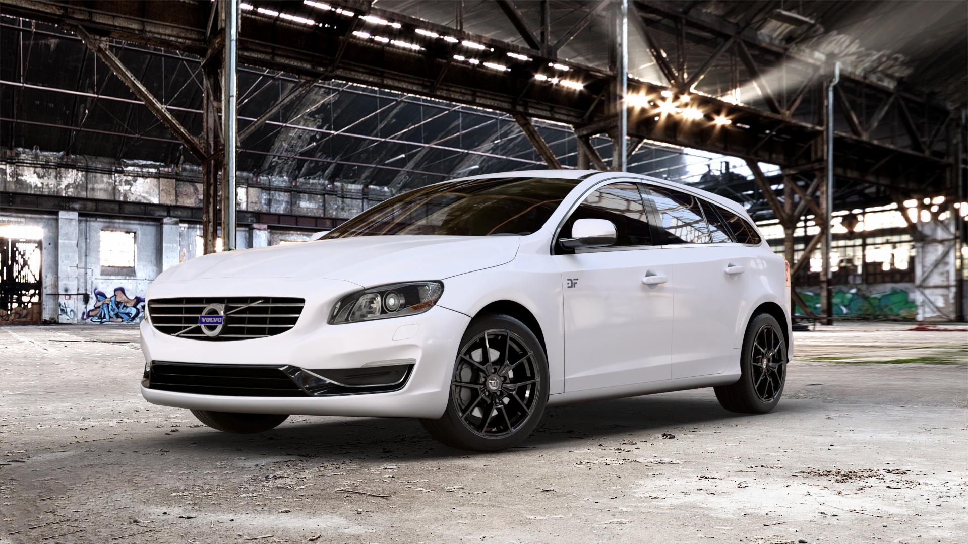 DIEWE WHEELS NEVE Black glossy Felge mit Reifen schwarz in 18Zoll Winterfelge Alufelge auf weissem Volvo V60 Typ G ⬇️ mit 15mm Tieferlegung ⬇️ Old Industrial Hall_max_5300mm_2024 Frontansicht_1