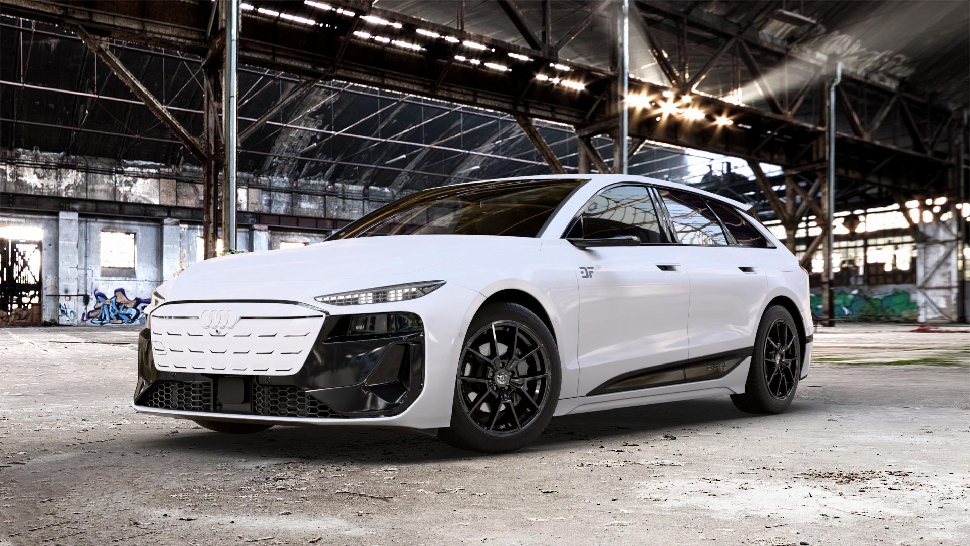DIEWE WHEELS NEVE Black glossy Felge mit Reifen schwarz in 19Zoll Winterfelge Alufelge auf weissem Audi A6 e-tron Typ GH (Avant) 0,0l Performance 120kW (163 PS) S6 138kW (188 100kW (136 quattro ⬇️ mit 15mm Tieferlegung ⬇️ Old Industrial Hall_max_5300mm_2024 Frontansicht_1