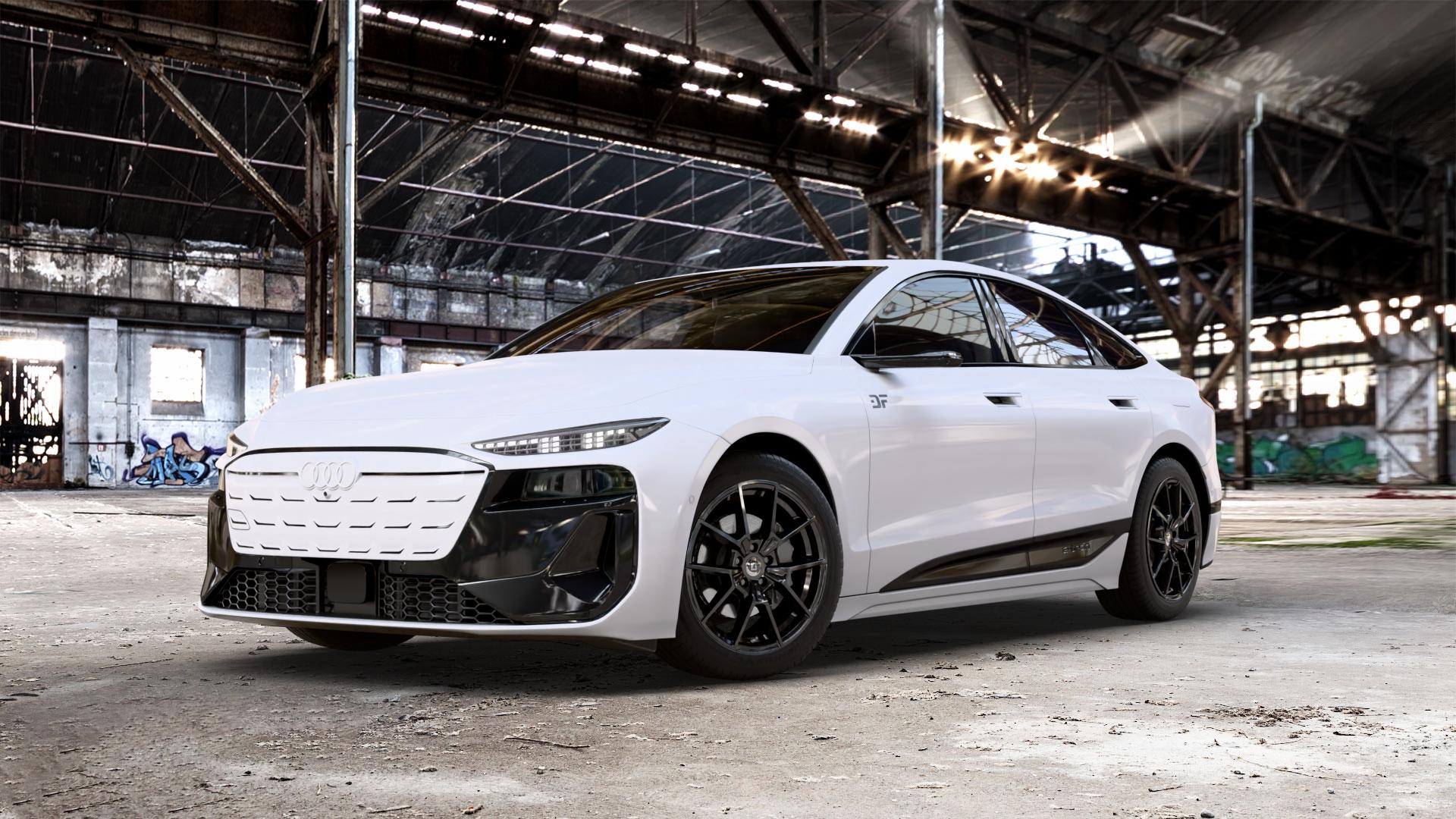 DIEWE WHEELS NEVE Black glossy Felge mit Reifen schwarz in 19Zoll Winterfelge Alufelge auf weissem Audi A6 e-tron Typ GH (Sportback) 0,0l 100kW (136 PS) performance 120kW (163 quattro 138kW (188 S6 ⬇️ mit 15mm Tieferlegung ⬇️ Old Industrial Hall_max_5300mm_2024 Frontansicht_1