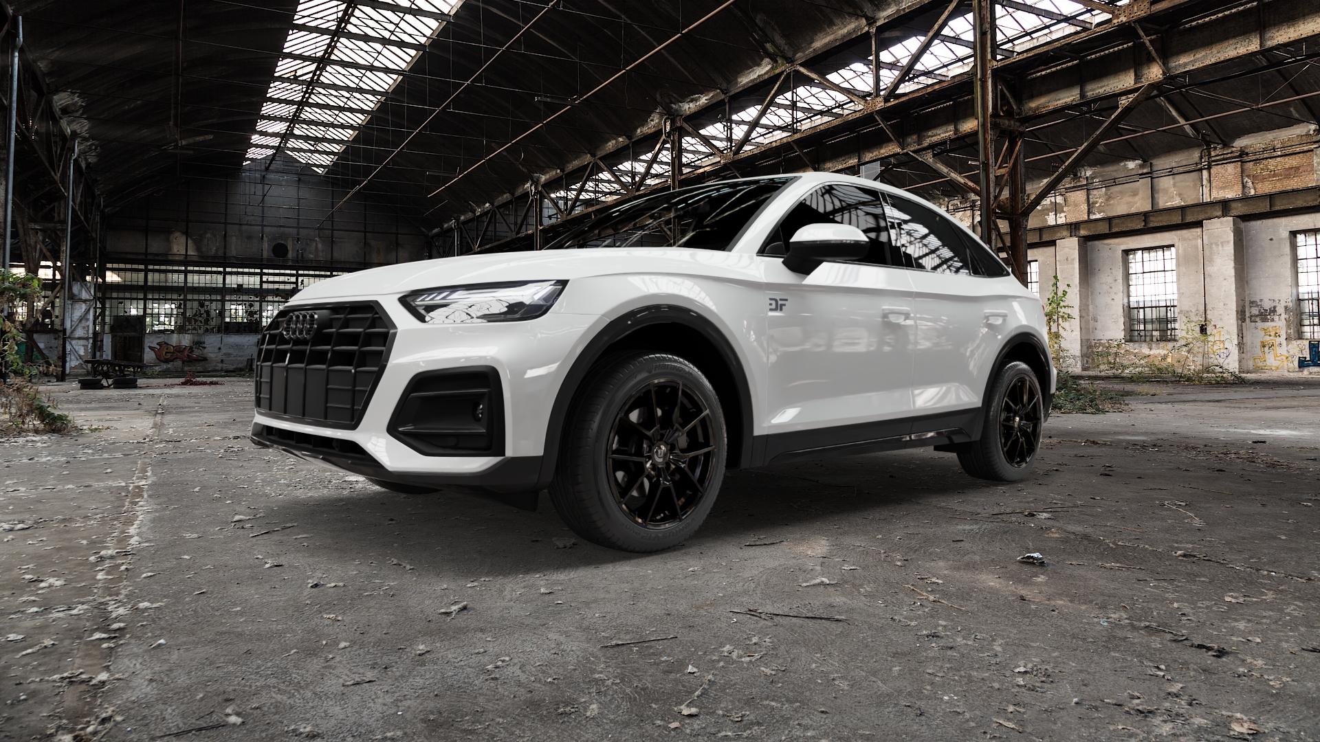 DIEWE WHEELS NEVE Black glossy Felge mit Reifen schwarz in 19Zoll Winterfelge Alufelge auf weissem Audi Q5 II Typ FY Sportback ⬇️ mit 15mm Tieferlegung ⬇️ Old Industrial Hall_max5000mm_2022 Frontansicht_1