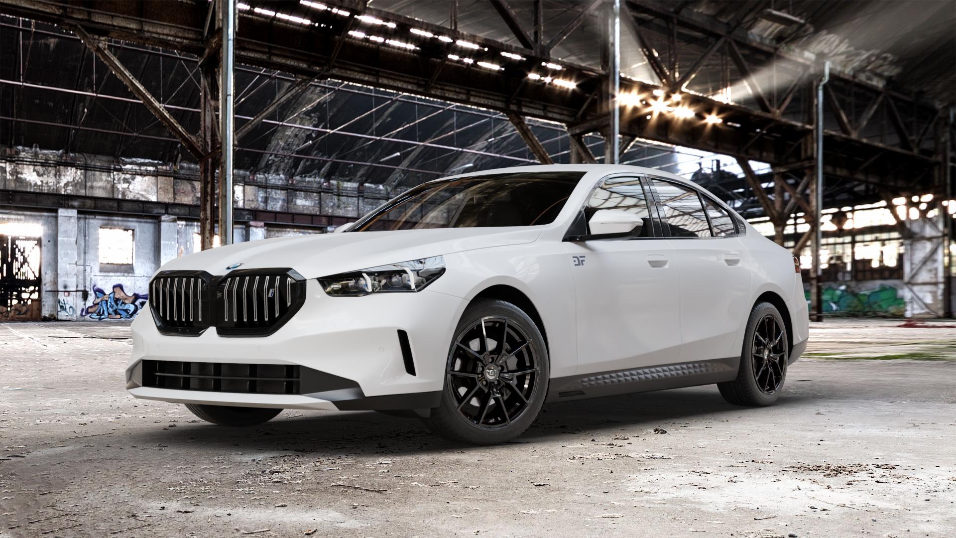 DIEWE WHEELS NEVE Black glossy Felge mit Reifen schwarz in 19Zoll Winterfelge Alufelge auf weissem BMW i5 (G6E) 0,0l eDrive40 105kW (143 PS) ⬇️ mit 15mm Tieferlegung ⬇️ Old Industrial Hall_max_5300mm_2024 Frontansicht_1