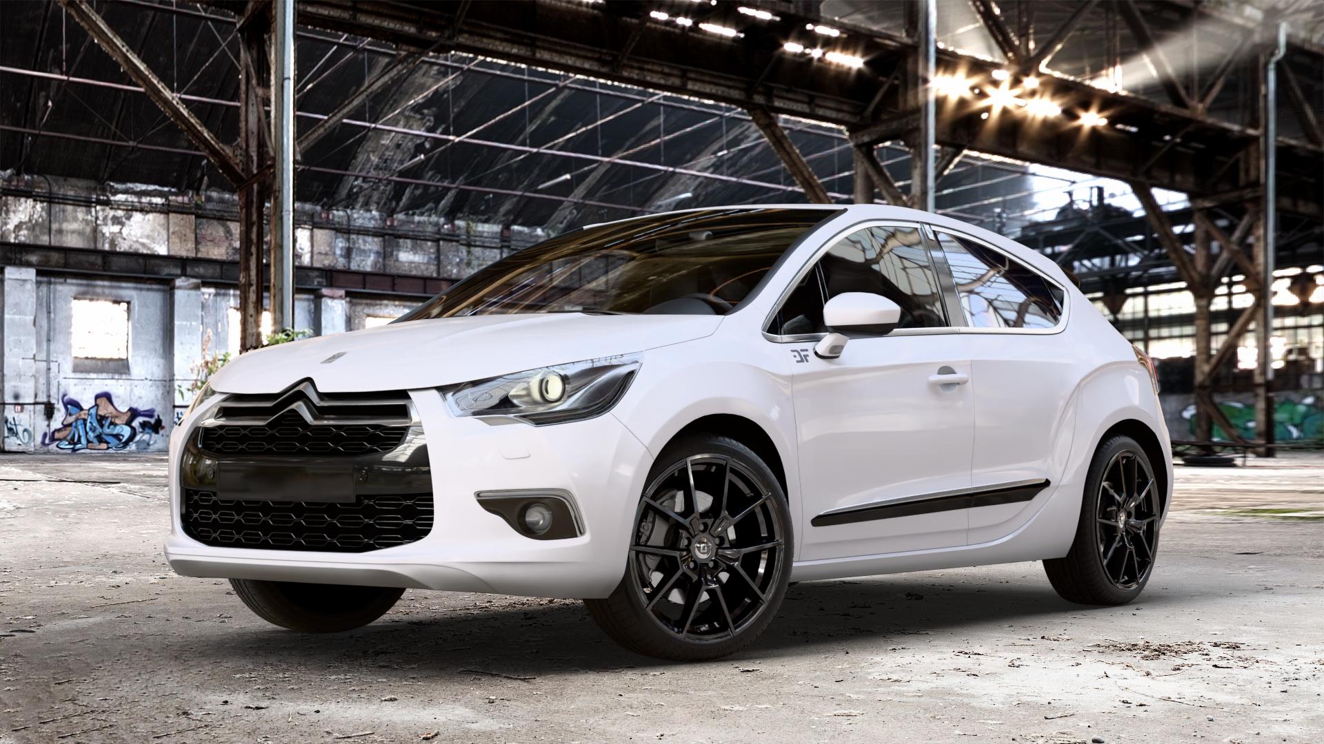 DIEWE WHEELS NEVE Black glossy Felge mit Reifen schwarz in 19Zoll Winterfelge Alufelge auf weissem Citroen DS4 Typ N DS Automobiles I ⬇️ mit 15mm Tieferlegung ⬇️ Old Industrial Hall_max_4400mm_2024 Frontansicht_1