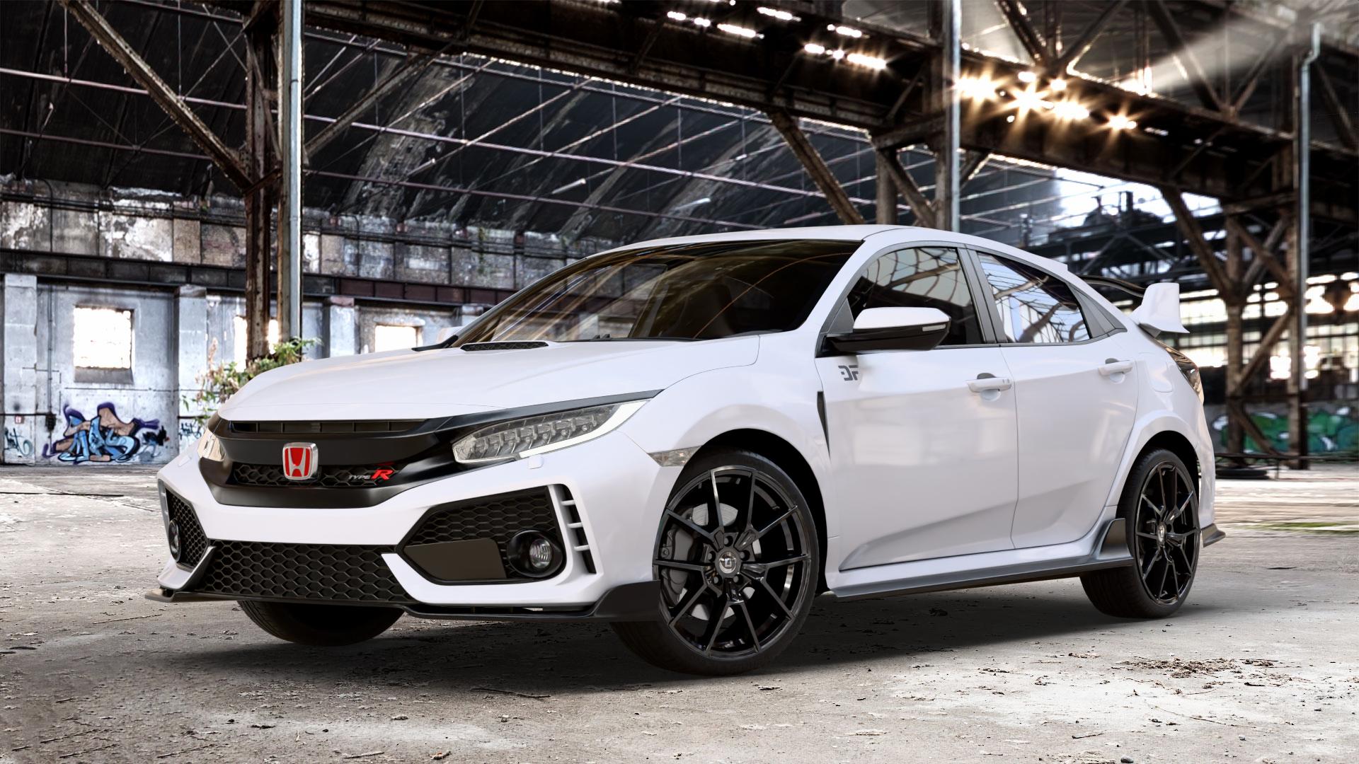 DIEWE WHEELS NEVE Black glossy Felge mit Reifen schwarz in 19Zoll Winterfelge Alufelge auf weissem Honda Civic 10 Schrägheck (FC) 2,0l Type-R 235kW (320 PS) ⬇️ mit 15mm Tieferlegung ⬇️ Old Industrial Hall_max_4400mm_2024 Frontansicht_1
