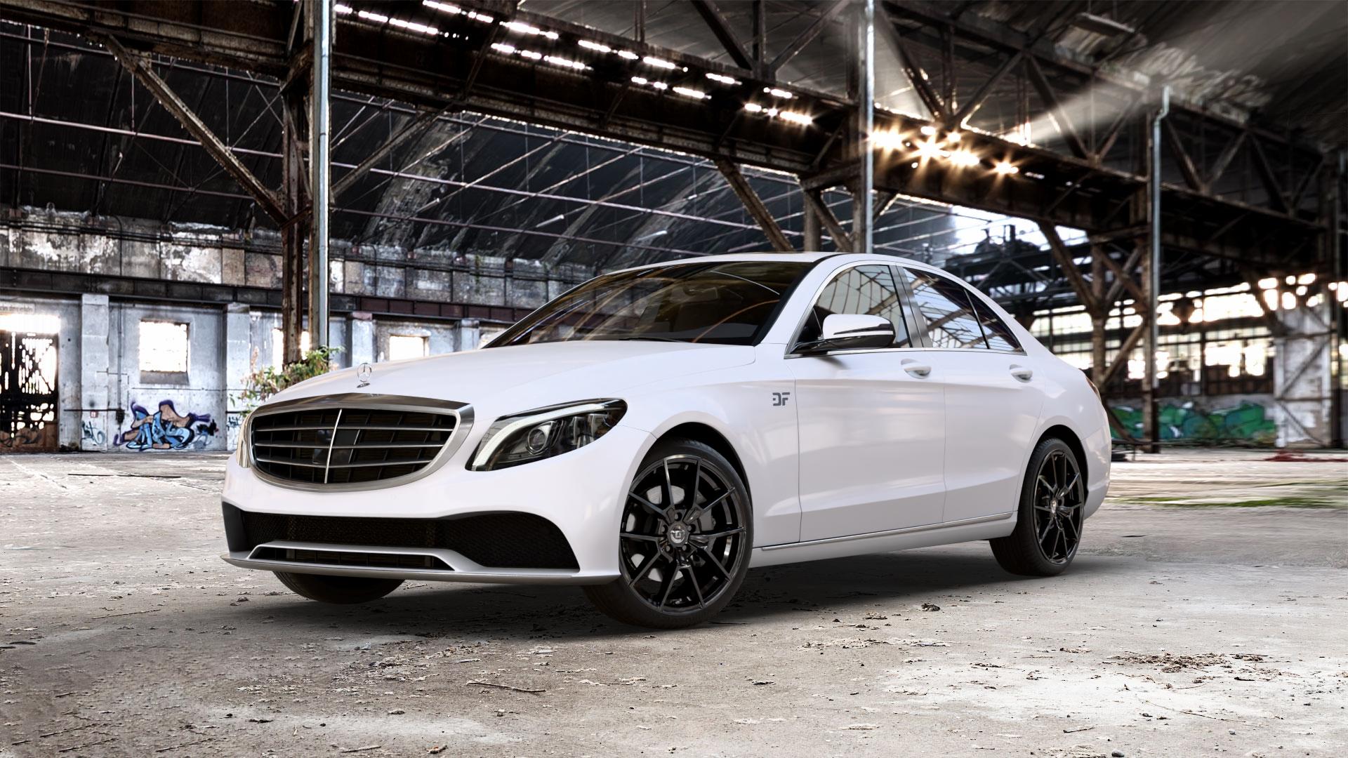 DIEWE WHEELS NEVE Black glossy Felge mit Reifen schwarz in 19Zoll Winterfelge Alufelge auf weissem Mercedes C-Klasse Typ W205 Limousine Facelift ⬇️ mit 15mm Tieferlegung ⬇️ Old Industrial Hall_max_5300mm_2024 Frontansicht_1