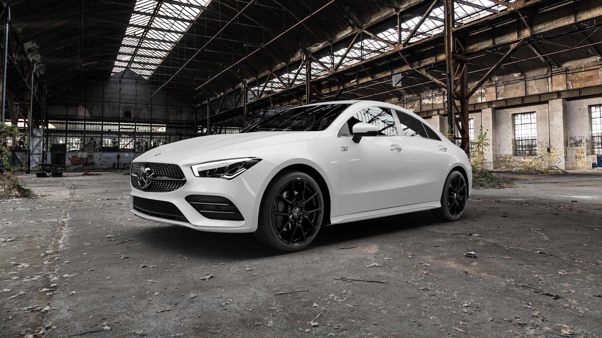 DIEWE WHEELS NEVE Black glossy Felge mit Reifen schwarz in 19Zoll Winterfelge Alufelge auf weissem Mercedes CLA-Klasse II Typ C118 (F2CLA) ⬇️ mit 15mm Tieferlegung ⬇️ Old Industrial Hall_max5000mm_2022 Frontansicht_1