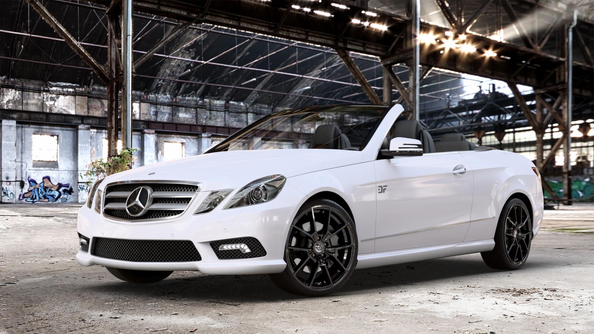 DIEWE WHEELS NEVE Black glossy Felge mit Reifen schwarz in 19Zoll Winterfelge Alufelge auf weissem Mercedes E-Klasse Typ A207 Cabriolet ⬇️ mit 15mm Tieferlegung ⬇️ Old Industrial Hall_max_4400mm_2024 Frontansicht_1