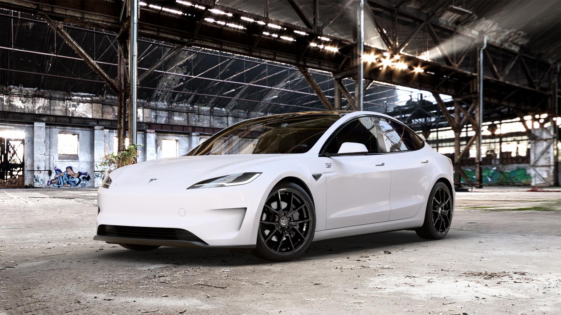 DIEWE WHEELS NEVE Black glossy Felge mit Reifen schwarz in 19Zoll Winterfelge Alufelge auf weissem Tesla Model 3 Typ 003 Facelift 0,0l Performance 190kW 4WD (258 PS) ⬇️ mit 15mm Tieferlegung ⬇️ Old Industrial Hall_max_5300mm_2024 Frontansicht_1