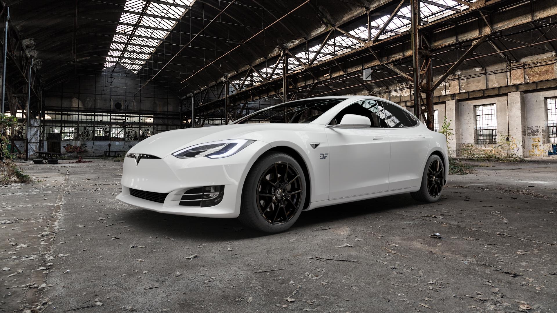 DIEWE WHEELS NEVE Black glossy Felge mit Reifen schwarz in 19Zoll Winterfelge Alufelge auf weissem Tesla Model S Facelift Typ 002 ⬇️ mit 15mm Tieferlegung ⬇️ Old Industrial Hall_max5000mm_2022 Frontansicht_1