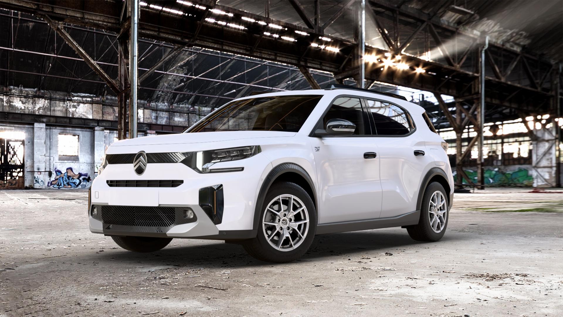 DIEWE WHEELS NEVE Silver Felge mit Reifen silber in 16Zoll Winterfelge Alufelge auf weissem Citroen C3 Aircross Typ C 1,2l PureTech 100 74kW (101 PS) Hybrid 136 100kW (136 0,0l Elektro 53kW E-C3 (72 ⬇️ mit 15mm Tieferlegung ⬇️ Old Industrial Hall_max_5300mm_2024 Frontansicht_1