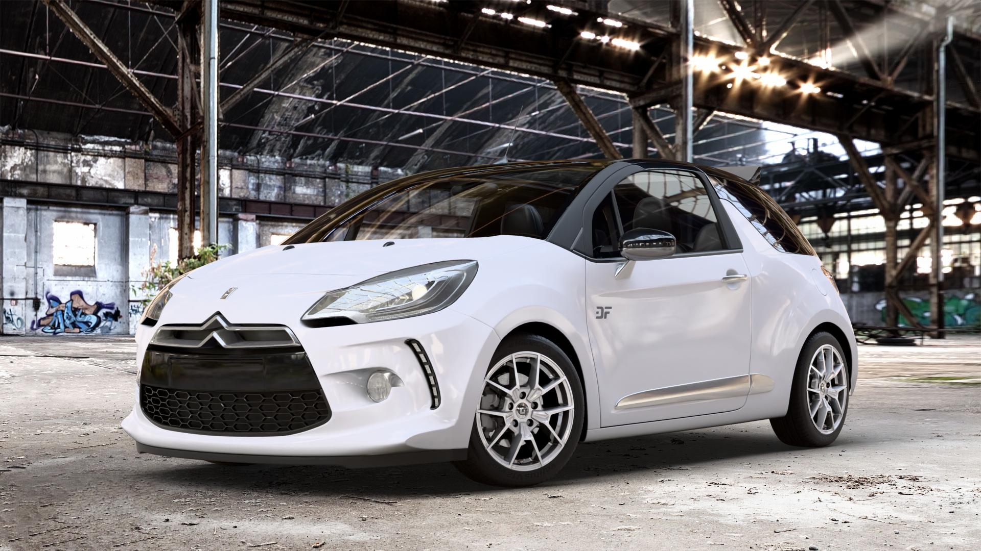 DIEWE WHEELS NEVE Silver Felge mit Reifen silber in 16Zoll Winterfelge Alufelge auf weissem Citroen DS3 Cabrio Facelift ⬇️ mit 15mm Tieferlegung ⬇️ Old Industrial Hall_max_4400mm_2024 Frontansicht_1