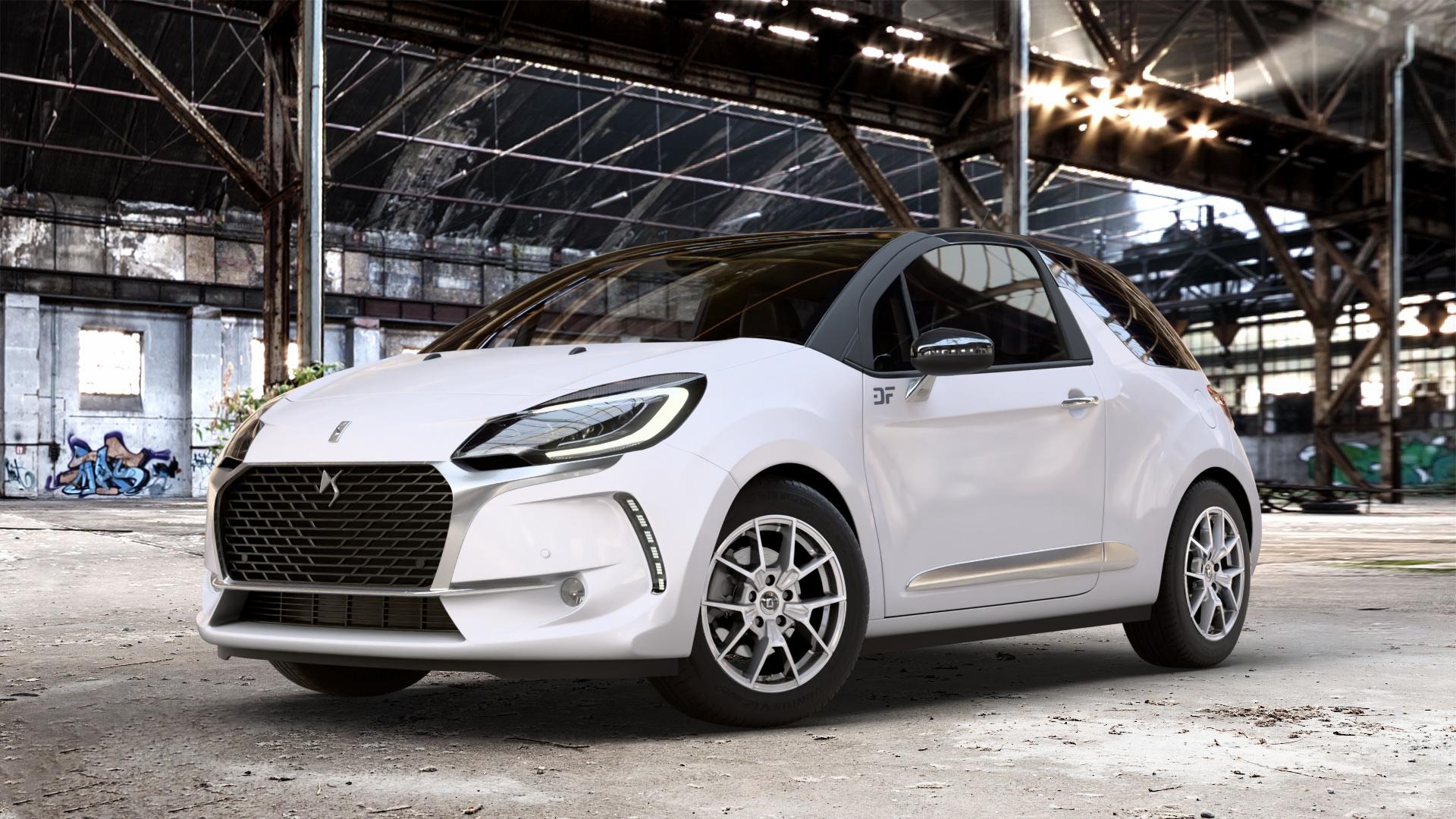 DIEWE WHEELS NEVE Silver Felge mit Reifen silber in 16Zoll Winterfelge Alufelge auf weissem Citroen DS3 Facelift DS Automobiles Typ S ⬇️ mit 15mm Tieferlegung ⬇️ Old Industrial Hall_max_4400mm_2024 Frontansicht_1