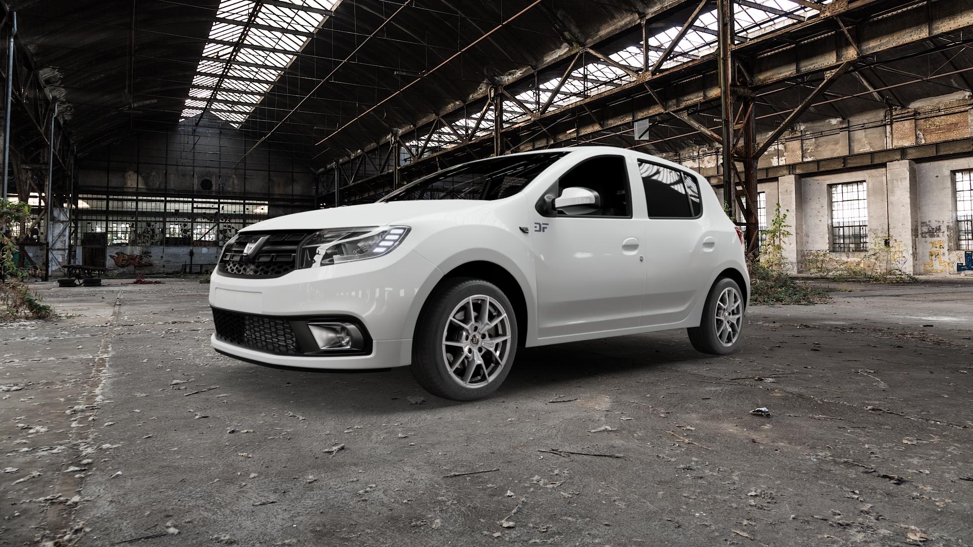DIEWE WHEELS NEVE Silver Felge mit Reifen silber in 16Zoll Winterfelge Alufelge auf weissem Dacia Sandero II Typ SD Facelift ⬇️ mit 15mm Tieferlegung ⬇️ Old Industrial Hall_max5000mm_2022 Frontansicht_1