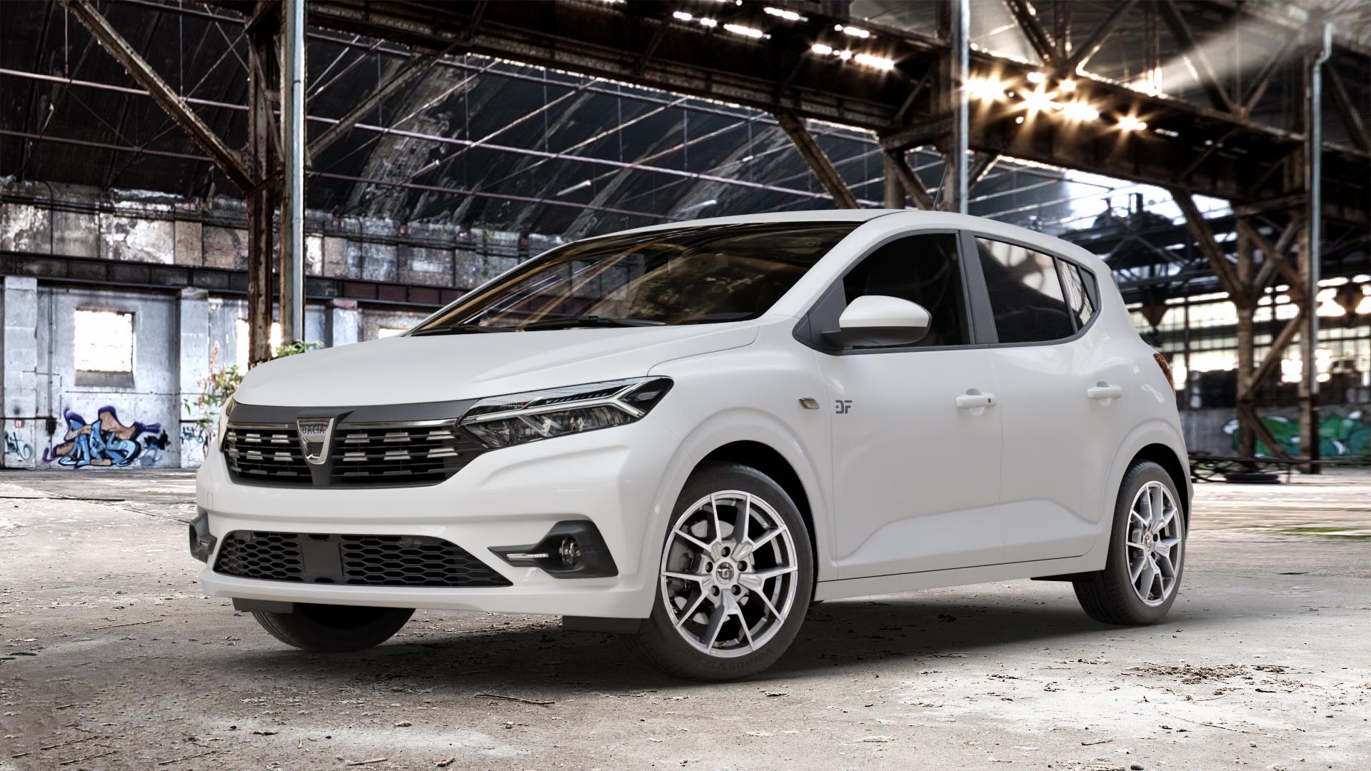 DIEWE WHEELS NEVE Silver Felge mit Reifen silber in 16Zoll Winterfelge Alufelge auf weissem Dacia Sandero III Typ DJF ⬇️ mit 15mm Tieferlegung ⬇️ Old Industrial Hall_max_4400mm_2024 Frontansicht_1