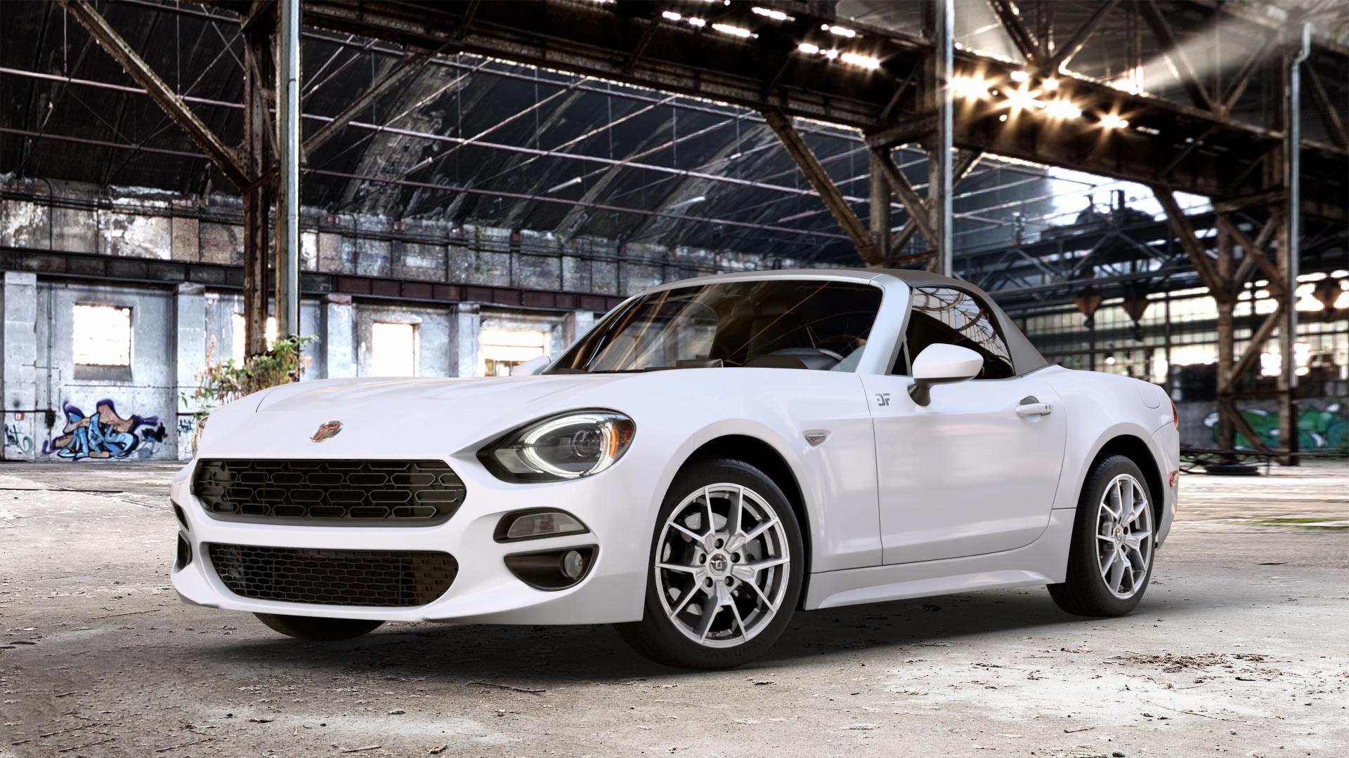 DIEWE WHEELS NEVE Silver Felge mit Reifen silber in 16Zoll Winterfelge Alufelge auf weissem Fiat 124 Spider Typ NF ⬇️ mit 15mm Tieferlegung ⬇️ Old Industrial Hall_max_4400mm_2024 Frontansicht_1