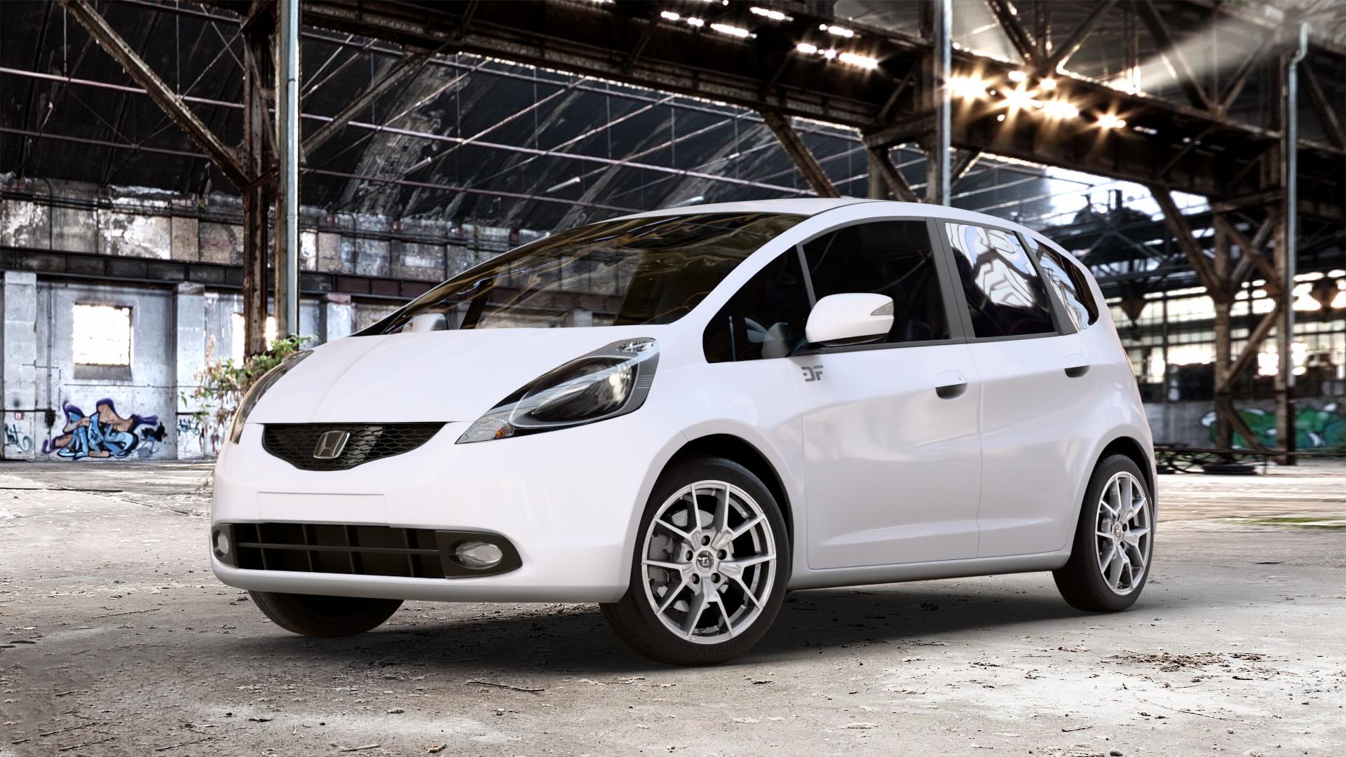 DIEWE WHEELS NEVE Silver Felge mit Reifen silber in 16Zoll Winterfelge Alufelge auf weissem Honda Jazz III (GG, GE) 1,2l i-VTEC 66kW GG5 (90 PS) 1,4l 73kW GG6 (99 GG3 GE6 GG1 GG2 IMA Hybrid 65kW GP1 (88 ⬇️ mit 15mm Tieferlegung ⬇️ Old Industrial Hall_max_4400mm_2024 Frontansicht_1