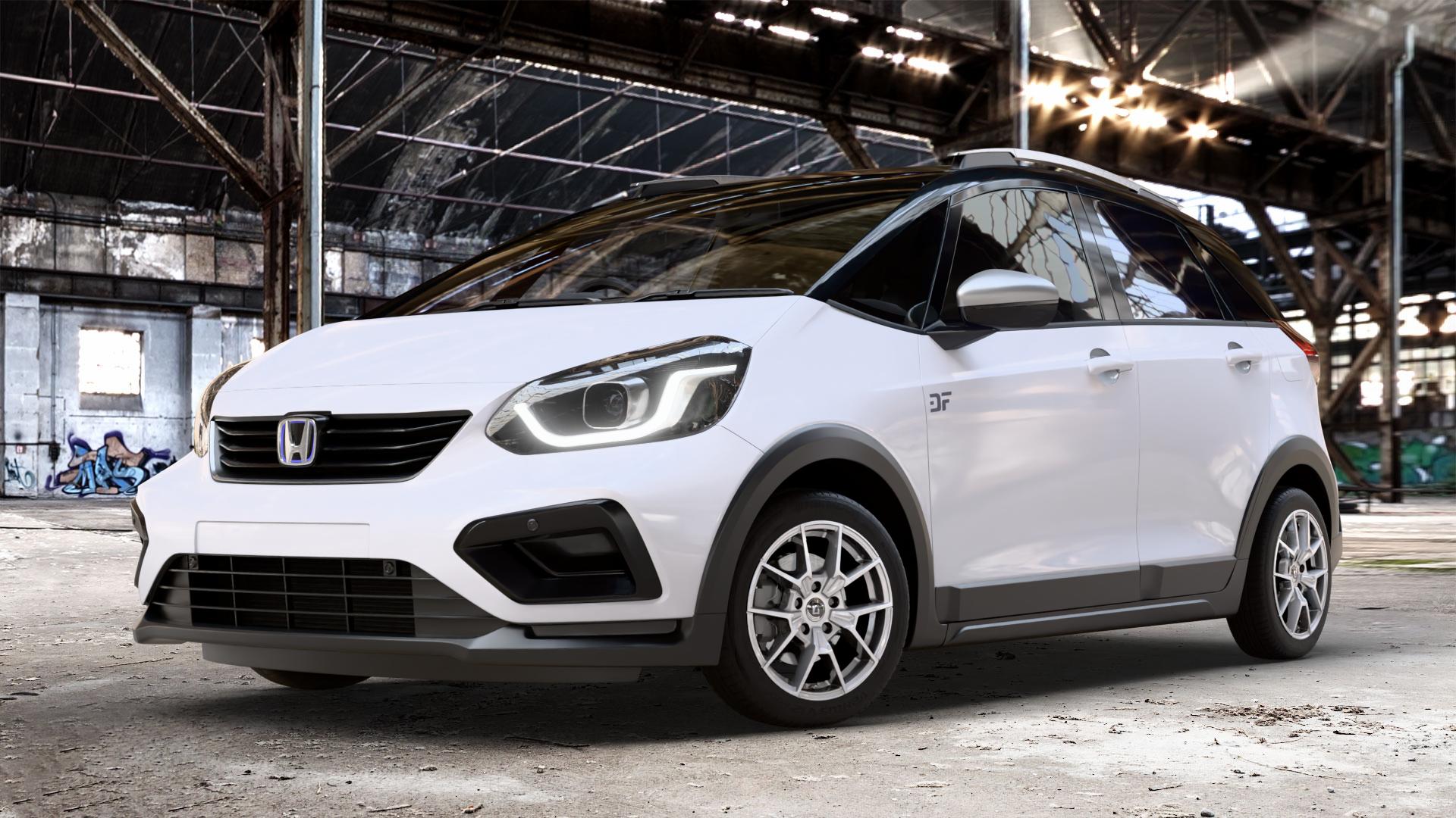 DIEWE WHEELS NEVE Silver Felge mit Reifen silber in 16Zoll Winterfelge Alufelge auf weissem Honda Jazz V Crosstar (GR) Facelift ⬇️ mit 15mm Tieferlegung ⬇️ Old Industrial Hall_max_4400mm_2024 Frontansicht_1