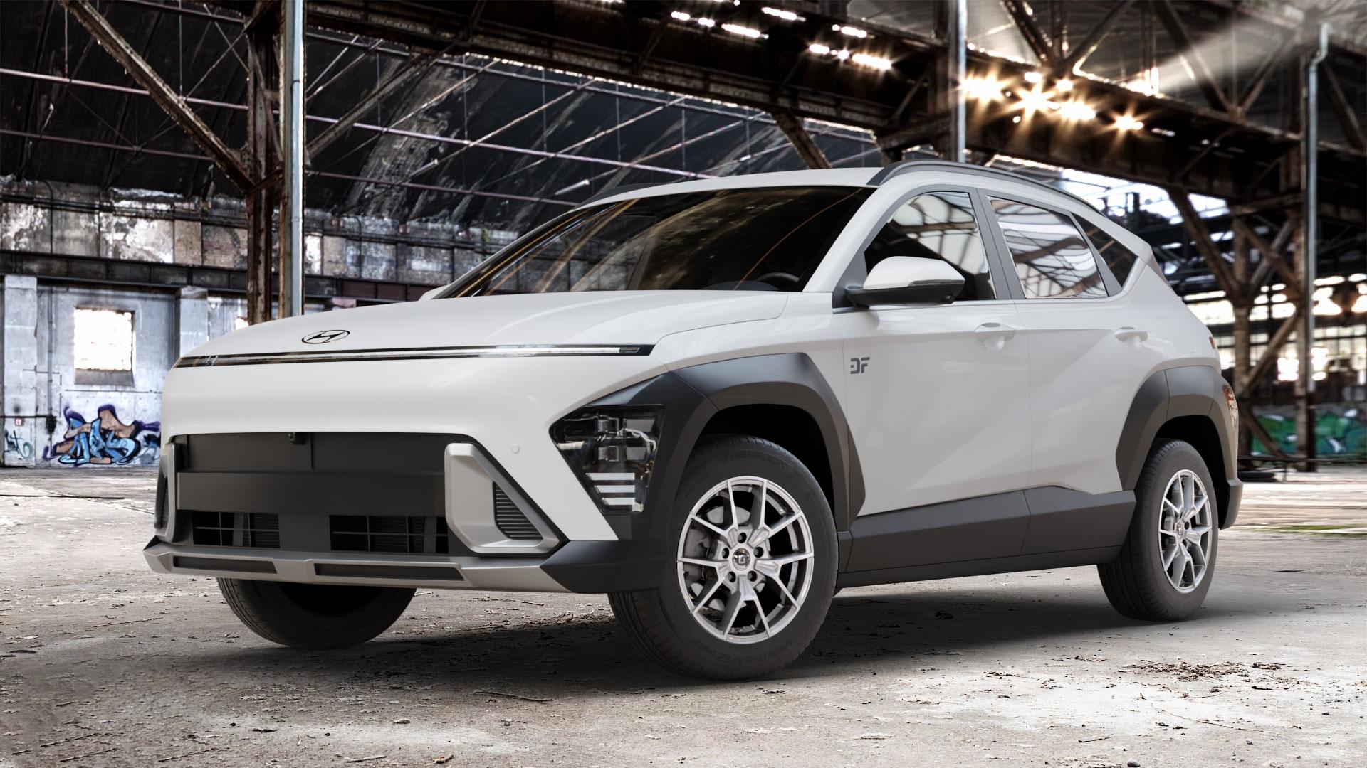 DIEWE WHEELS NEVE Silver Felge mit Reifen silber in 16Zoll Winterfelge Alufelge auf weissem Hyundai Kona Typ SX2 ⬇️ mit 15mm Tieferlegung ⬇️ Old Industrial Hall_max_4400mm_2024 Frontansicht_1