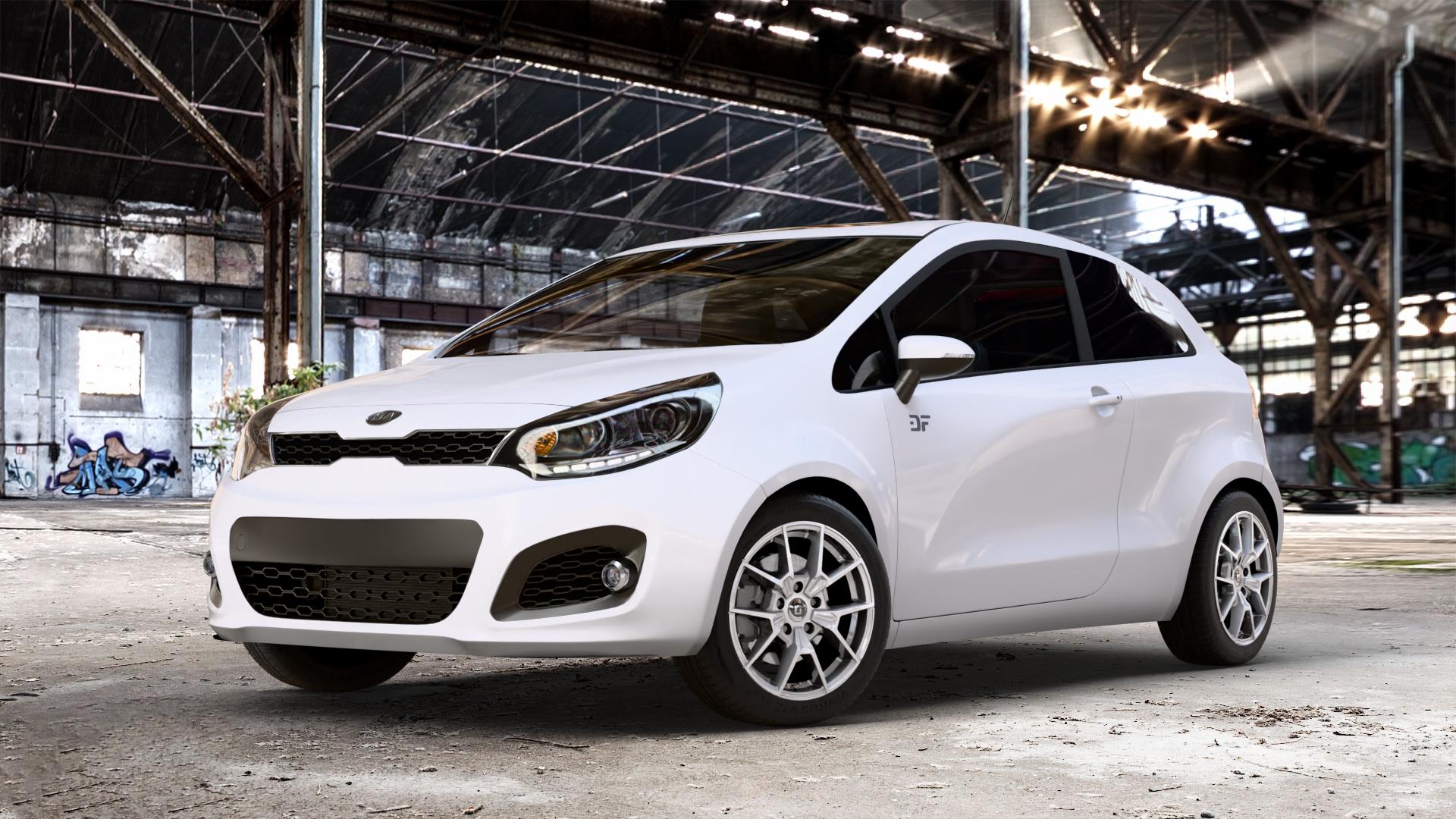 DIEWE WHEELS NEVE Silver Felge mit Reifen silber in 16Zoll Winterfelge Alufelge auf weissem Kia Rio III Typ UB ⬇️ mit 15mm Tieferlegung ⬇️ Old Industrial Hall_max_4400mm_2024 Frontansicht_1