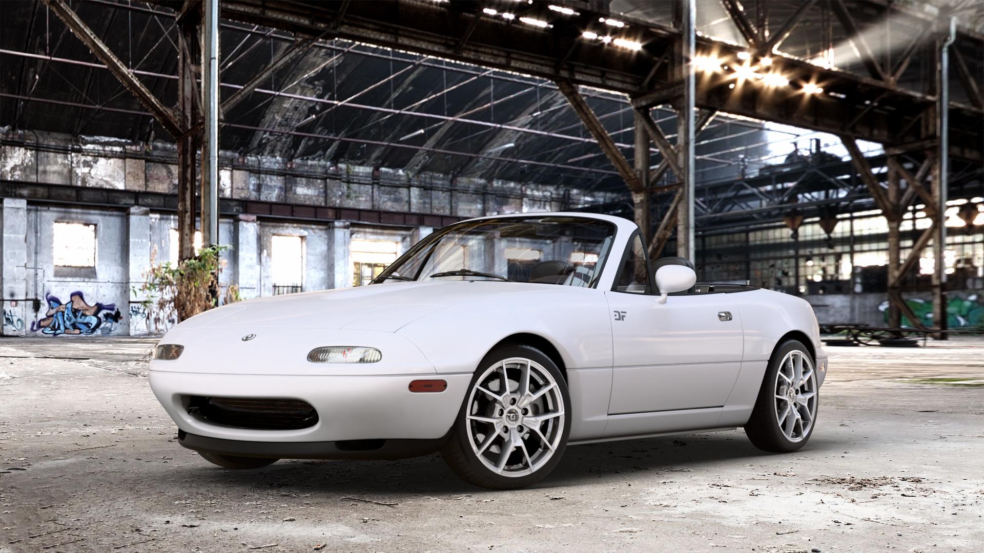 DIEWE WHEELS NEVE Silver Felge mit Reifen silber in 16Zoll Winterfelge Alufelge auf weissem Mazda MX-5 I (NA) ⬇️ mit 15mm Tieferlegung ⬇️ Old Industrial Hall_max_4400mm_2024 Frontansicht_1