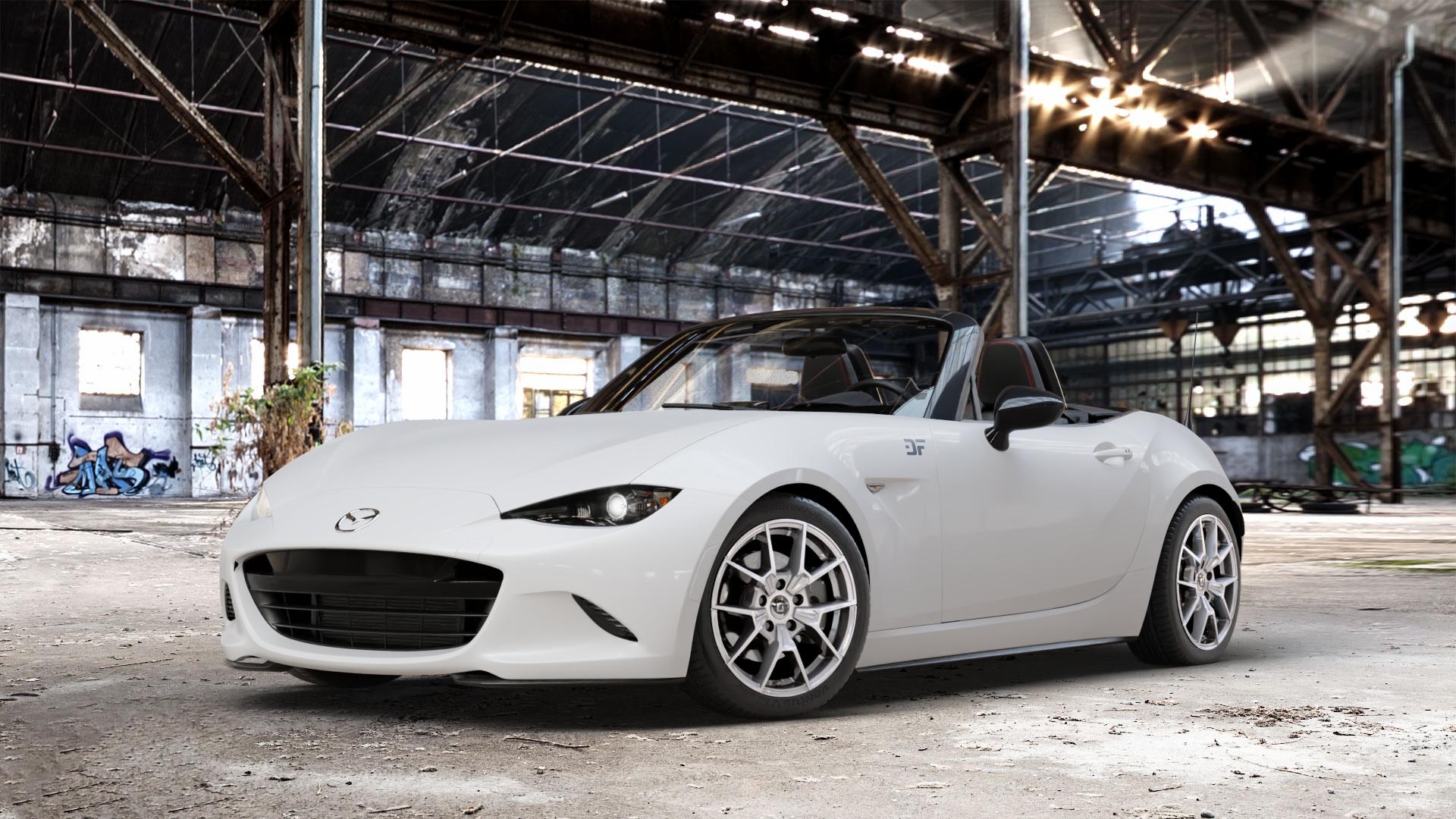 DIEWE WHEELS NEVE Silver Felge mit Reifen silber in 16Zoll Winterfelge Alufelge auf weissem Mazda MX-5 IV (ND) ⬇️ mit 15mm Tieferlegung ⬇️ Old Industrial Hall_max_4400mm_2024 Frontansicht_1