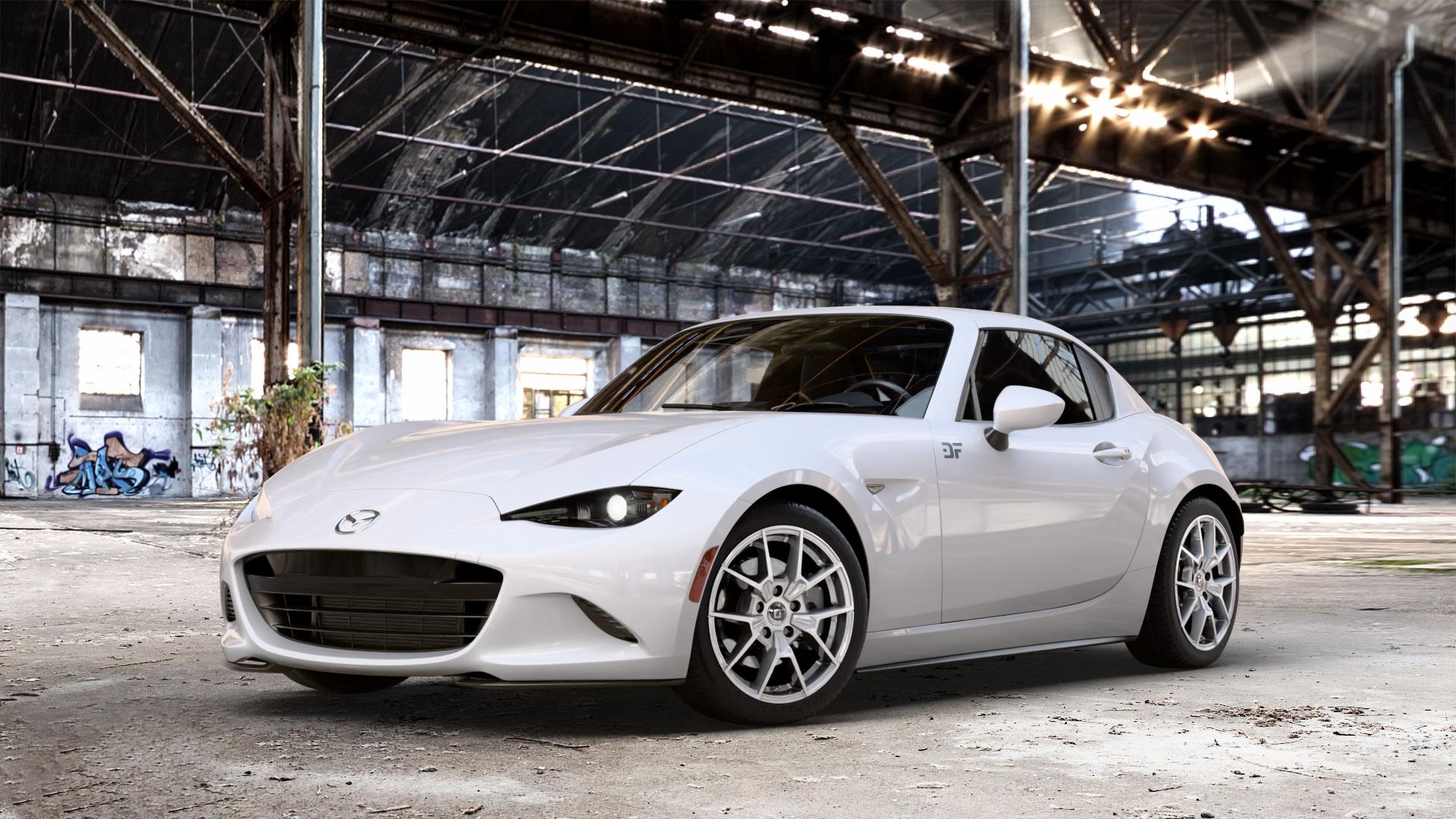 DIEWE WHEELS NEVE Silver Felge mit Reifen silber in 16Zoll Winterfelge Alufelge auf weissem Mazda MX-5 IV RF (ND) ⬇️ mit 15mm Tieferlegung ⬇️ Old Industrial Hall_max_4400mm_2024 Frontansicht_1