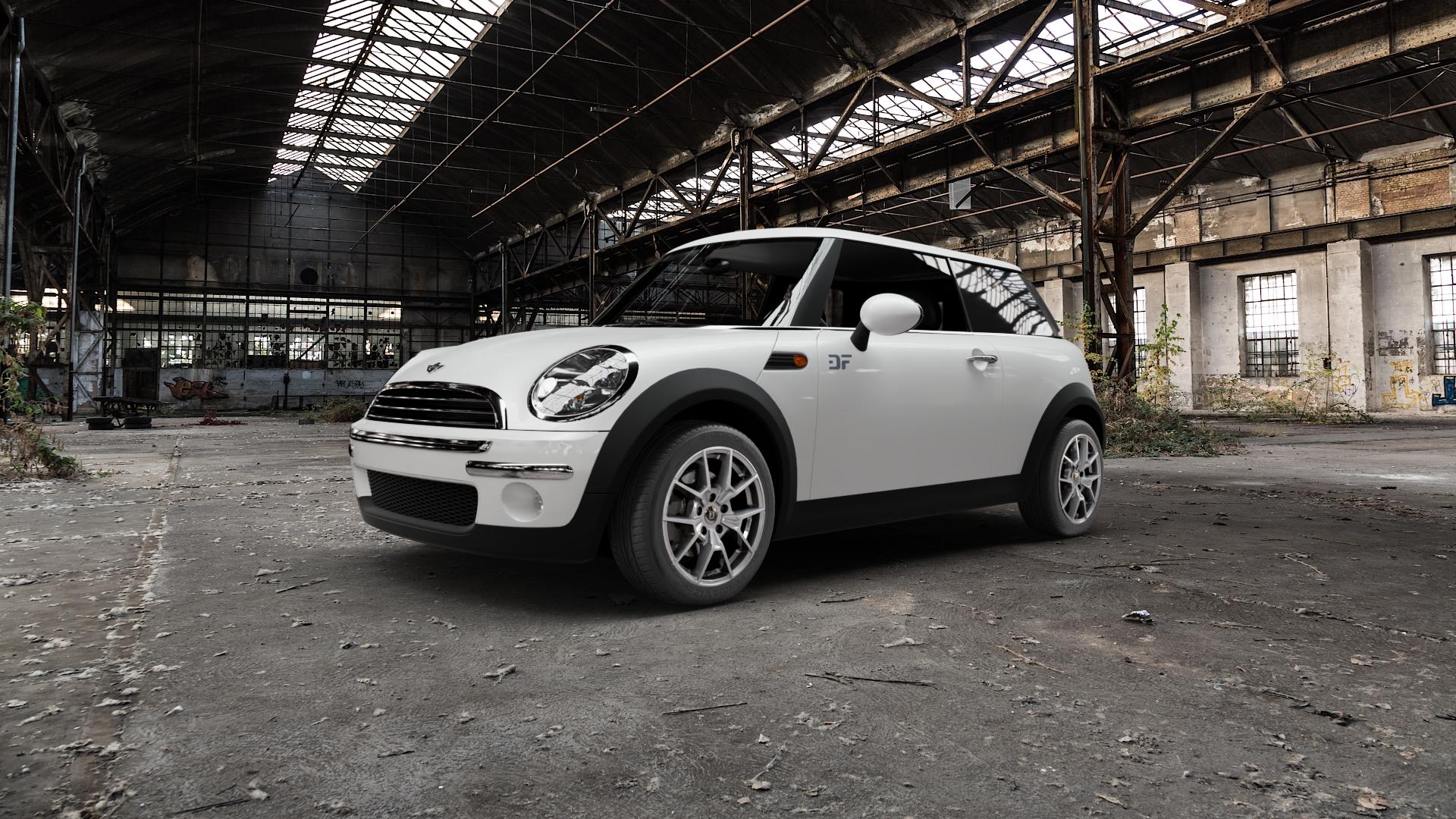 DIEWE WHEELS NEVE Silver Felge mit Reifen silber in 16Zoll Winterfelge Alufelge auf weissem Mini R50/53 Typ MINI, MINI-N (Limousine) ⬇️ mit 15mm Tieferlegung ⬇️ Old Industrial Hall_max5000mm_2022 Frontansicht_1